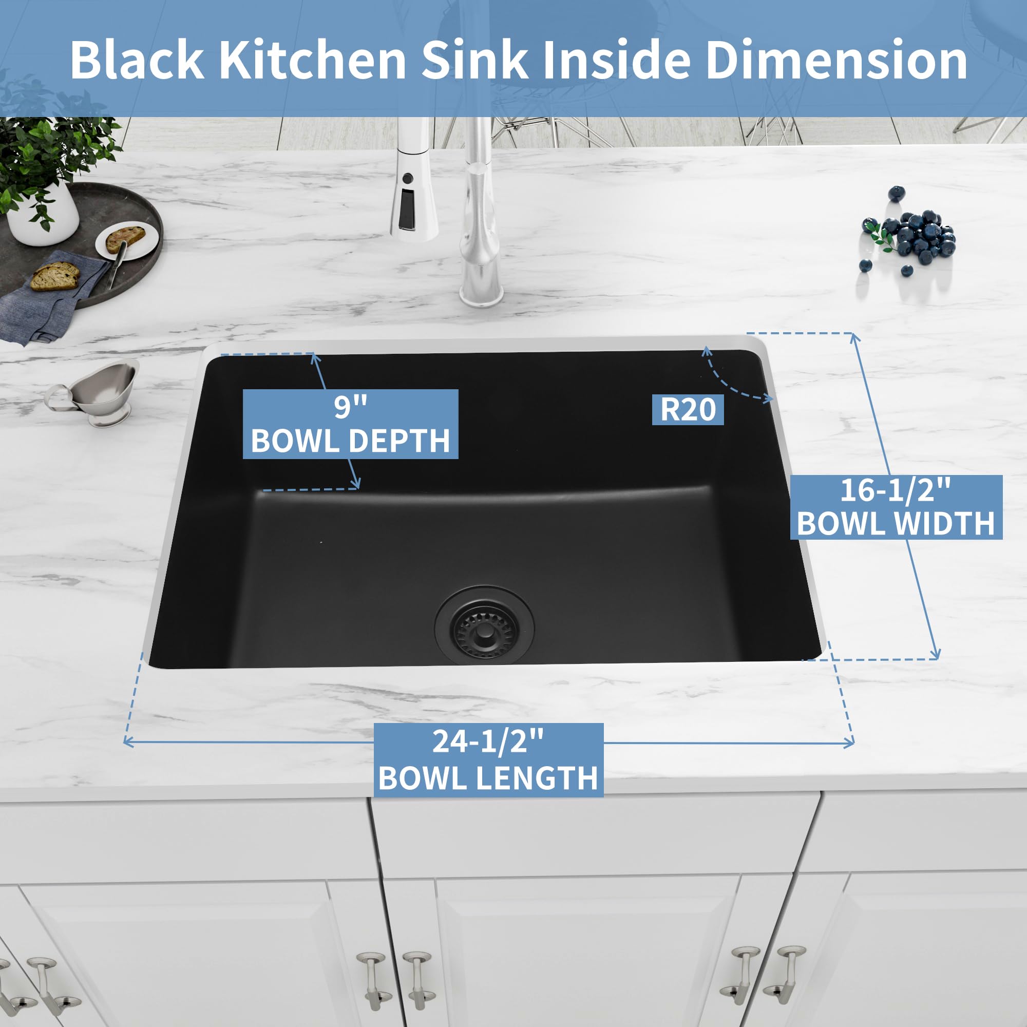 Monsinta Undermount Kitchen Sink, 27 Inch Matte Black Granite Composite Sink, Single Bowl Kitchen Sink, Small Kitchen Sink With