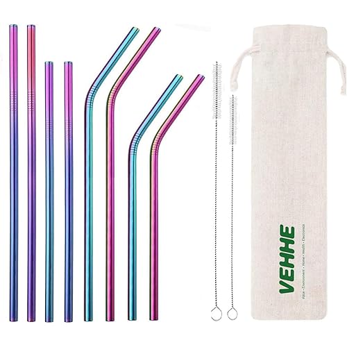 Vehhe Reusable Straws 8 Set Multi Color Stainless Steel Straws - Cleaning Brush For 20 Oz (Rainbow 8.5 Inch + 10.5 Inch)