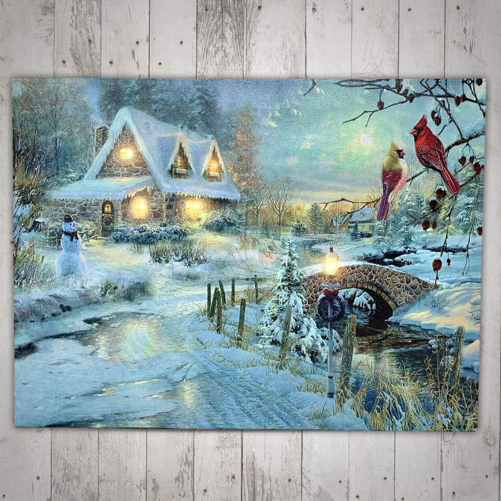 Banberry Designs Lighted Cottage Along A Stream Christmas Scene With Cardinals And Snowman - Led Canvas Art Wall Print - Old Fas