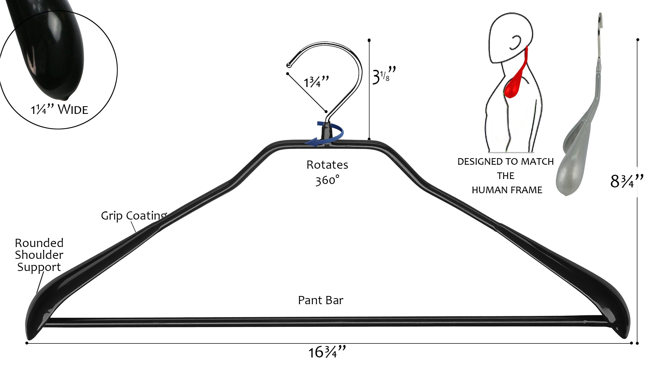 Mawa By Reston Lloyd Bodyform Series Non-Slip Space-Saving Clothes Hanger With Bar For Pants, 16-1/2'', Style 42/Ls, 1-Each, Bla