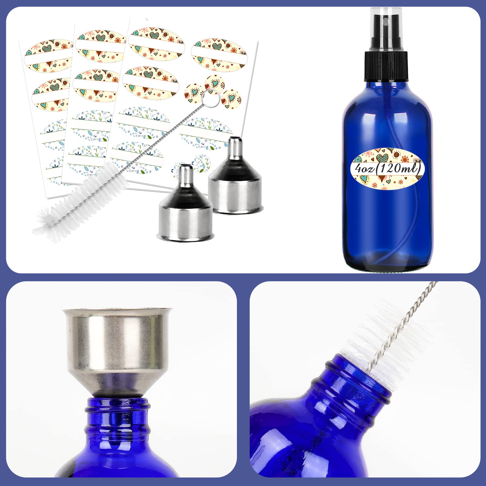 Cyclemore 120Ml 16 Pack 4Oz Blue Glass Spray Bottles With Fine Mist Sprayers, Glass Travel Bottles For Cosmetic, Essential Oils,