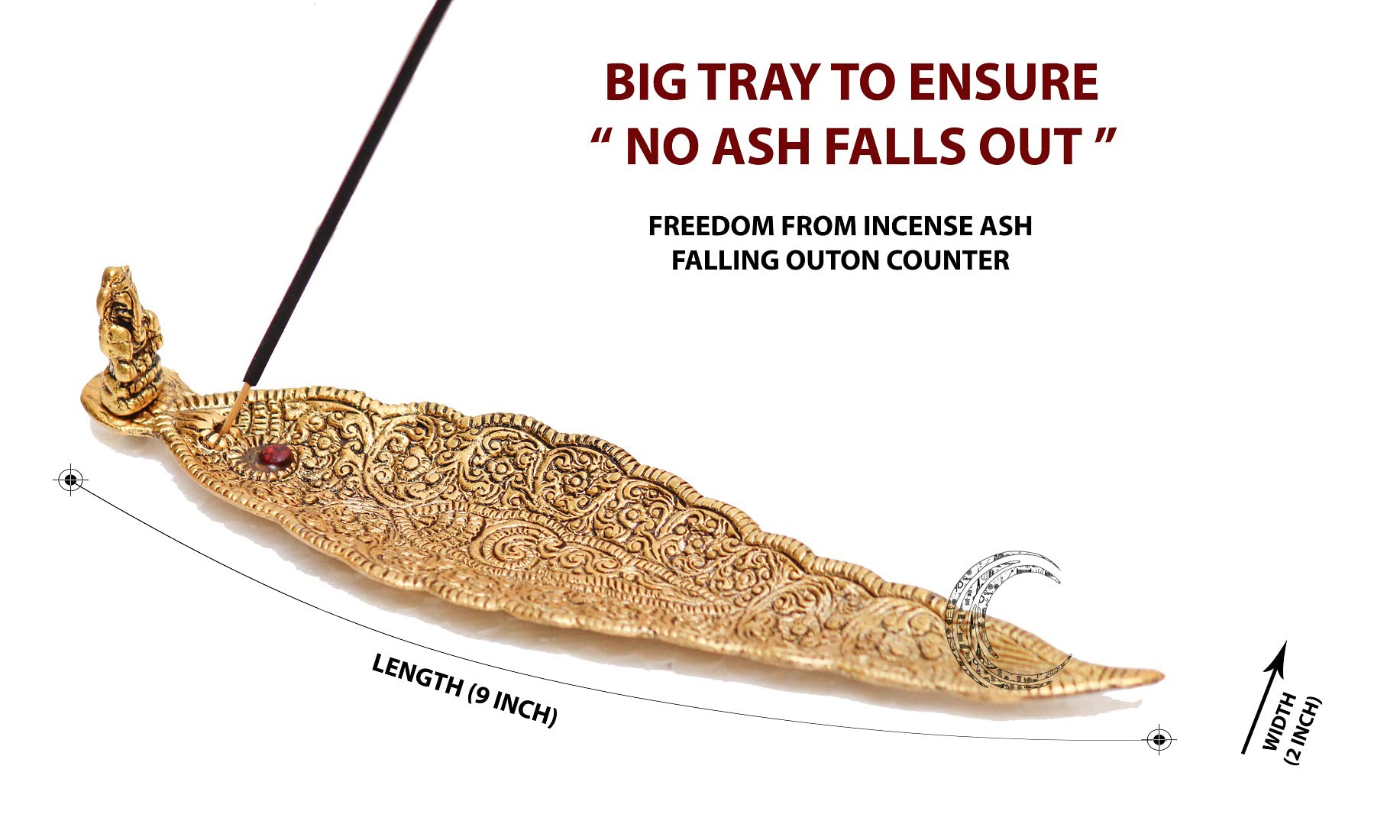 Crafticia Aluminum Incense Holder & Ash Catcher Agarbatti Stand Featuring Ganesh Figurine (9x2 inch) (Gold Holder, 10)