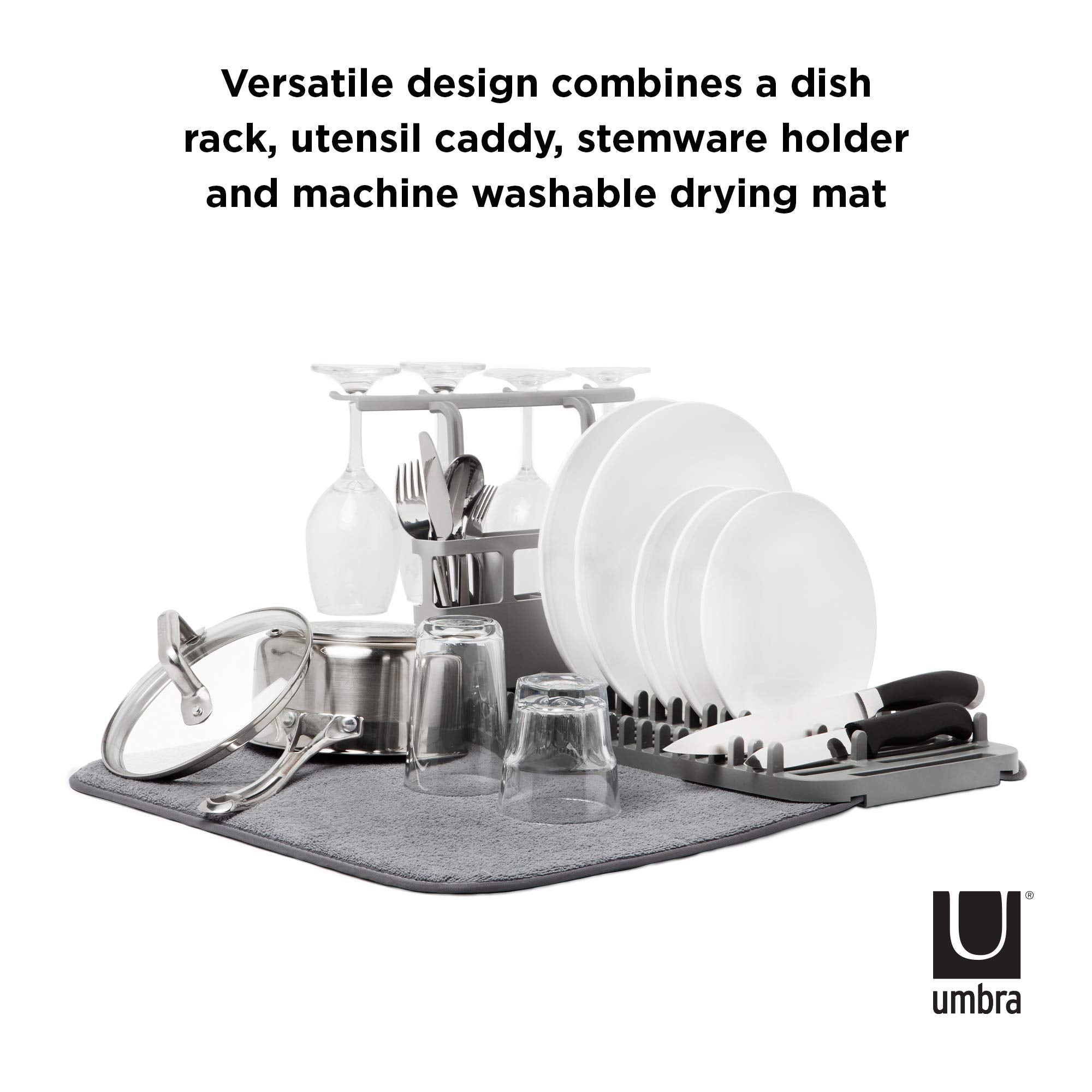 Umbra Udry Drying Rack And Microfiber Dish Mat With Stemware Holder And Utensil Caddy-Space-Saving Lightweight Design Folds Up F