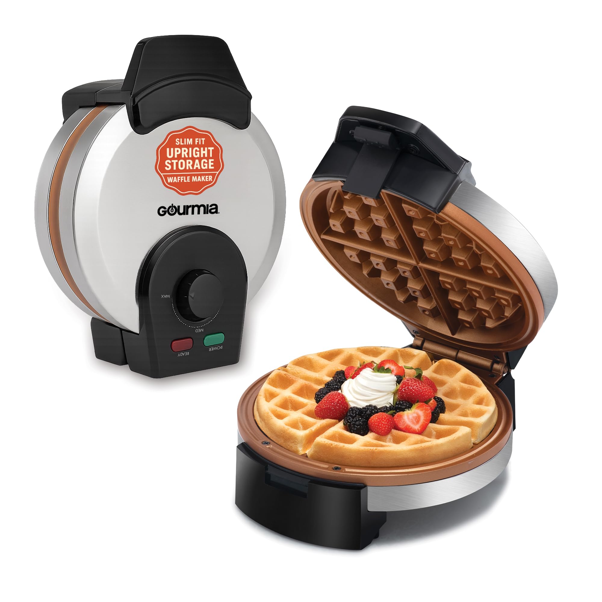 Gourmia Belgian Waffle Maker - Adjustable Browning Control, Nonstick Plates, Ready & Power Indicator Lights, Compact Upright Sto