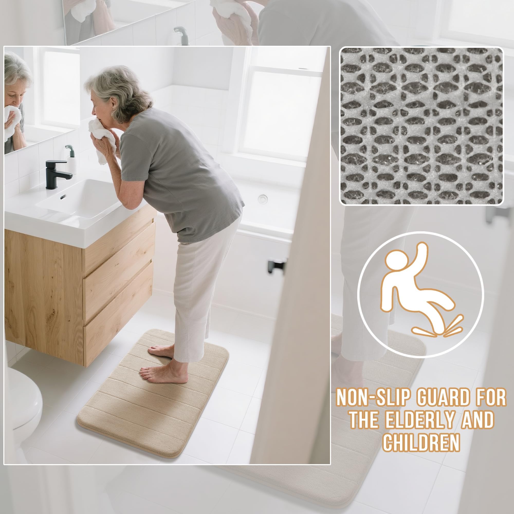 Yimobra Large Memory Foam Bathroom Mat 2 Pieces Set  Non Slip - Super Water Absorption Soft Bath Mats Rugs  Thick  Dry Fast  Machine Washable for Bathroom Floor Rug  44.1 x 24 + 24 x 17 Inch  Beige