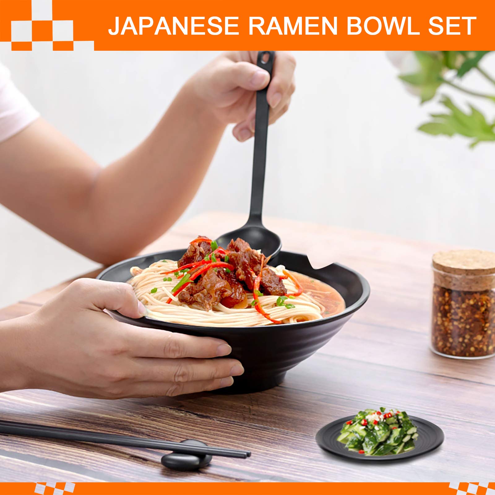 Vivimee Unbreakable Japanese Style Ramen Bowl Set Of 2, 37Oz Black Large Matte Melamine Bowls And Spoons Set With Chopsticks & S