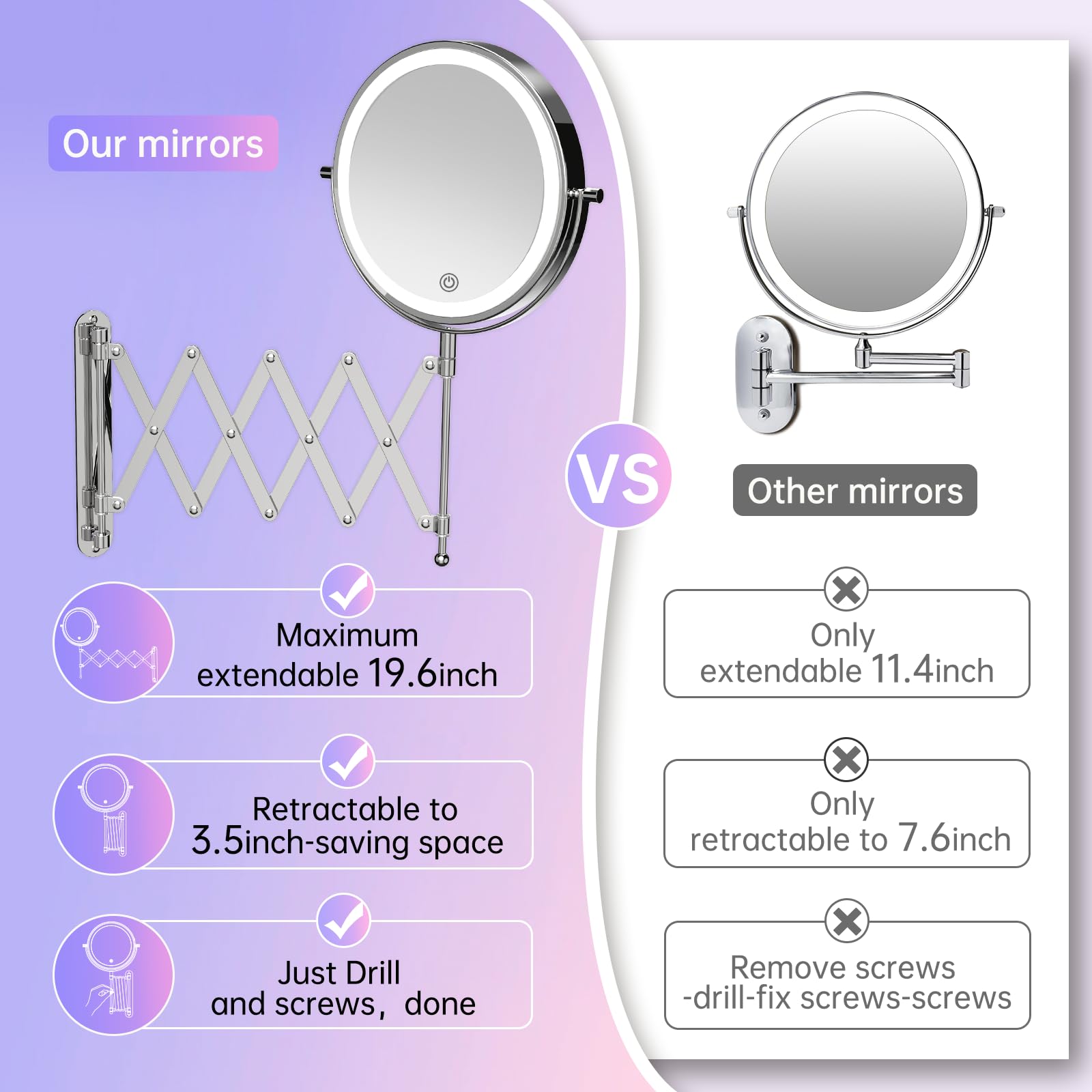 Rechargeable Wall Mounted Makeup Mirror With Lights, 1X/10X Magnifying Mirror With 3 Light Settings, 8 Inch 360 Swivel Bathroom