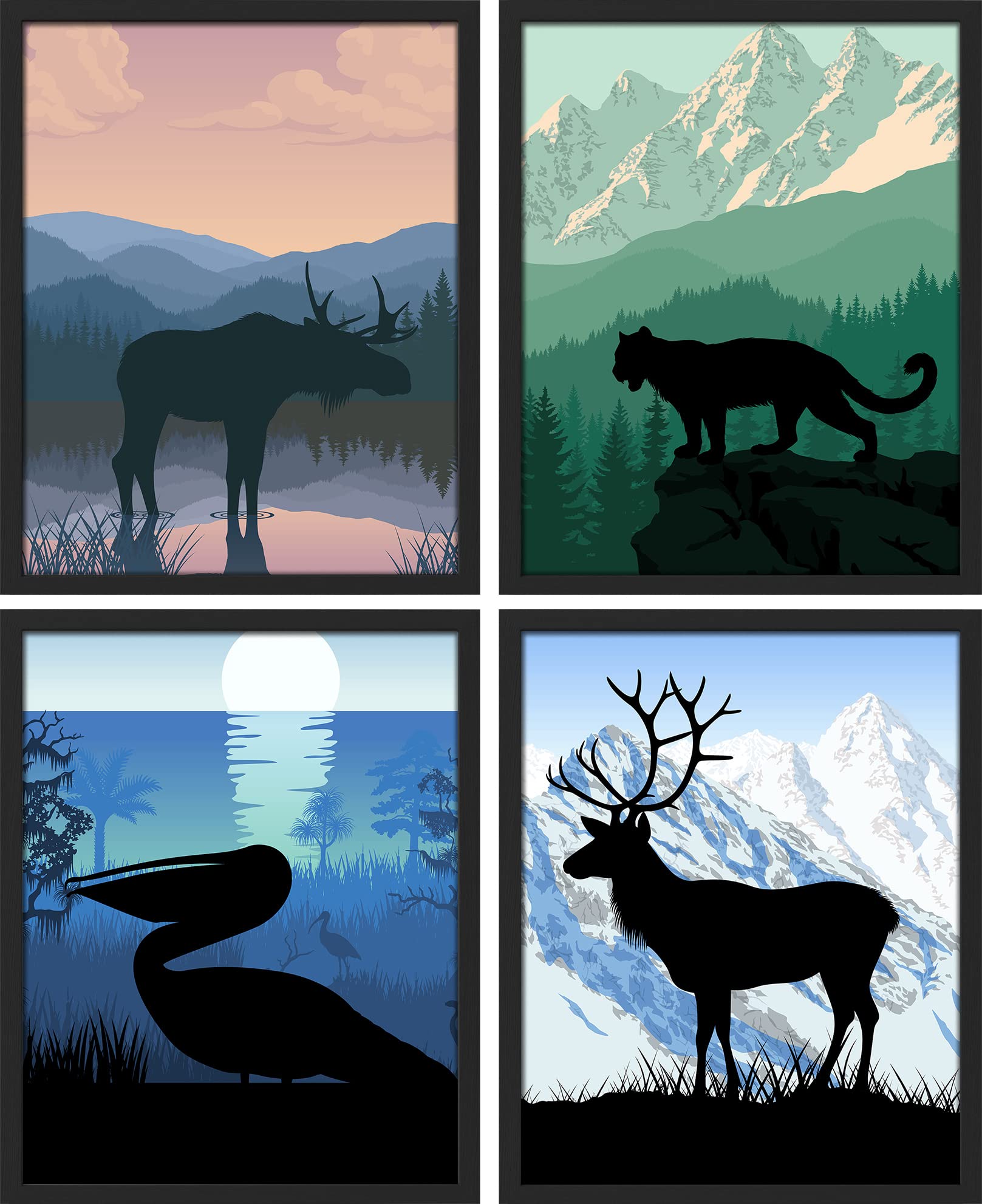 Signwin Framed Moose, Mountain Lion, Pelican Silhouette Landscapes Wall Art, Set Of 4 Animals Wall Decor Prints, Wilderness Natu