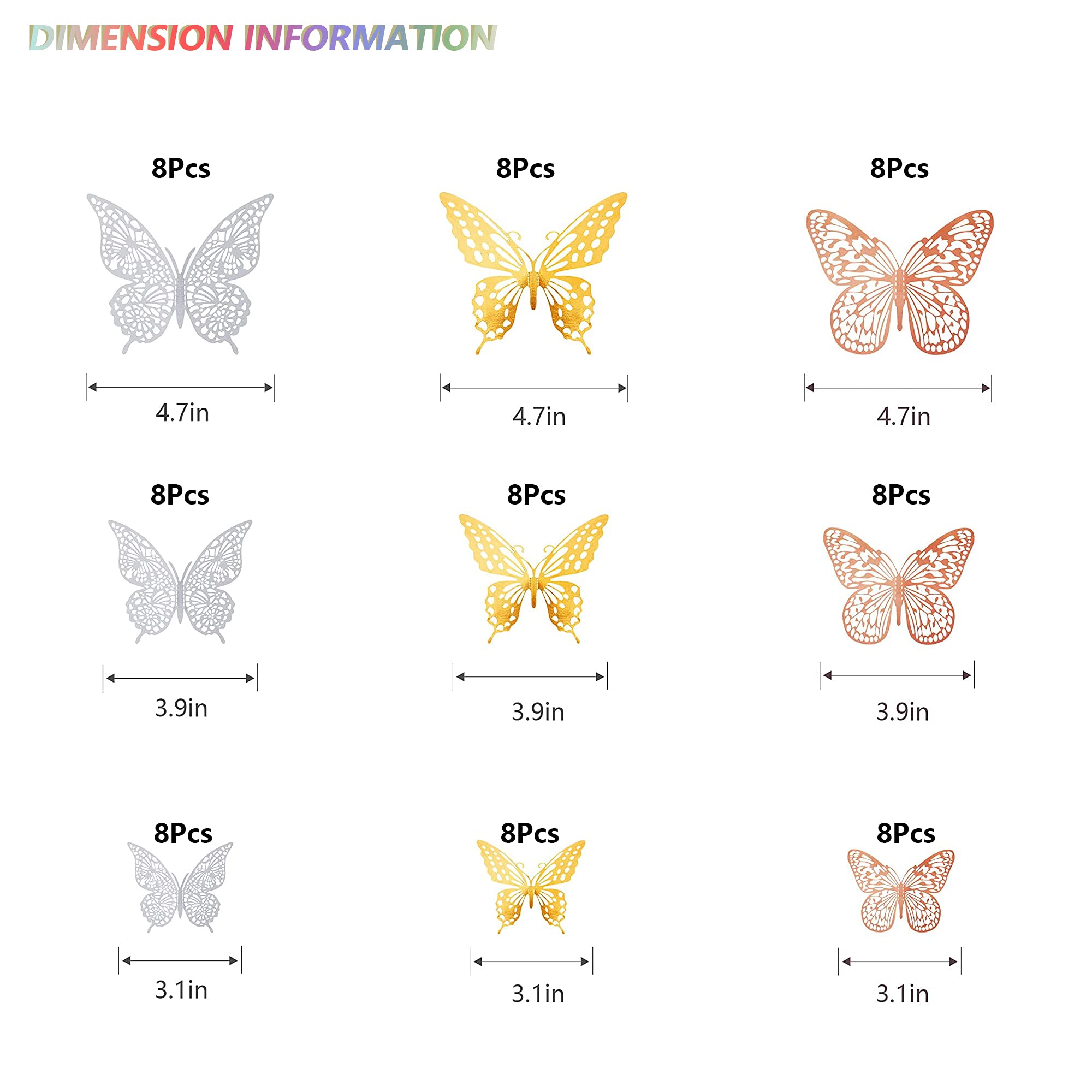 Saoropeb 3D Butterfly Wall Decor, 72 Pcs 3 Styles 3 Sizes, Removable Metallic Wall Decor Sticker Room Mural Decals For Kids Bedr