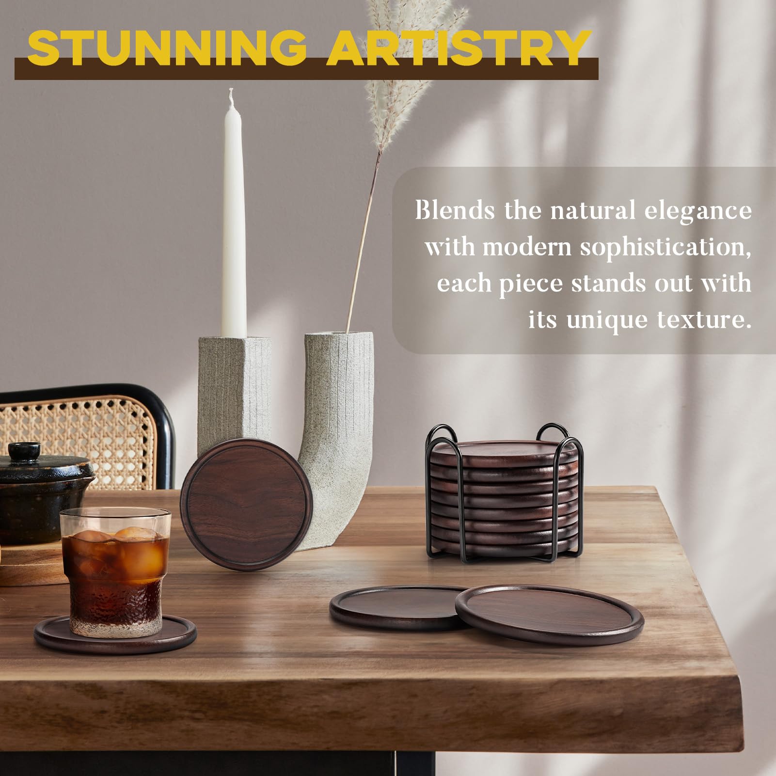 Wood Drink Coasters with Metal Holder  GOH DODD 4 Inch 8 Pieces Wooden Coasters Cup Coaster Set for Bar Kitchen Home Apartment  Walnut Wood