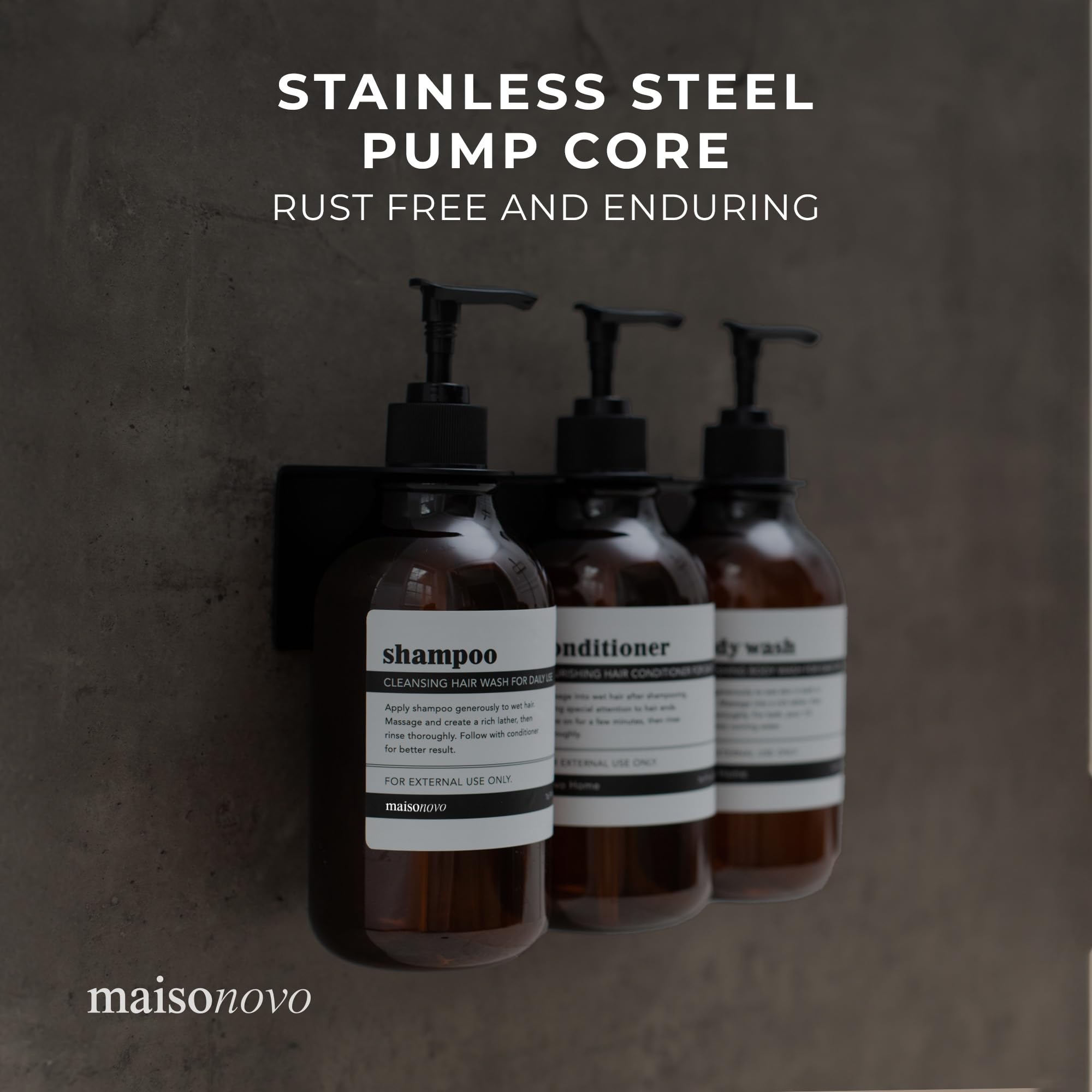 Maisonovo Shampoo And Conditioner Dispenser - Shower Soap Dispenser Wall Mounted - 16.9 Fl Oz Set Of 3 Amber Plastic Bottles Bla