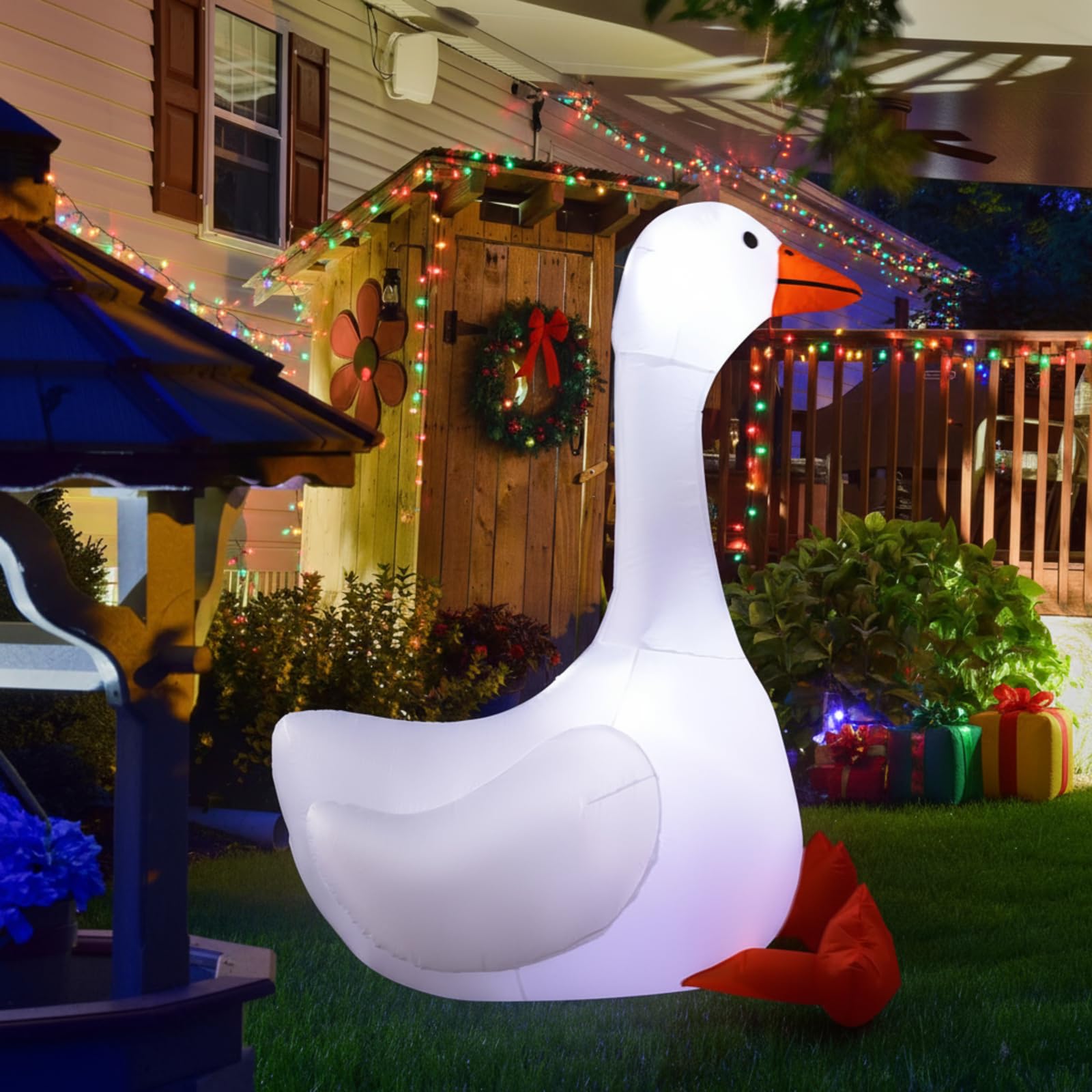 Leyndo 6 ft Christmas Porch Goose Inflatable Outdoor Decoration Large Xmas Cute Silly Goose Blow up Yard Decor with Built-in LED