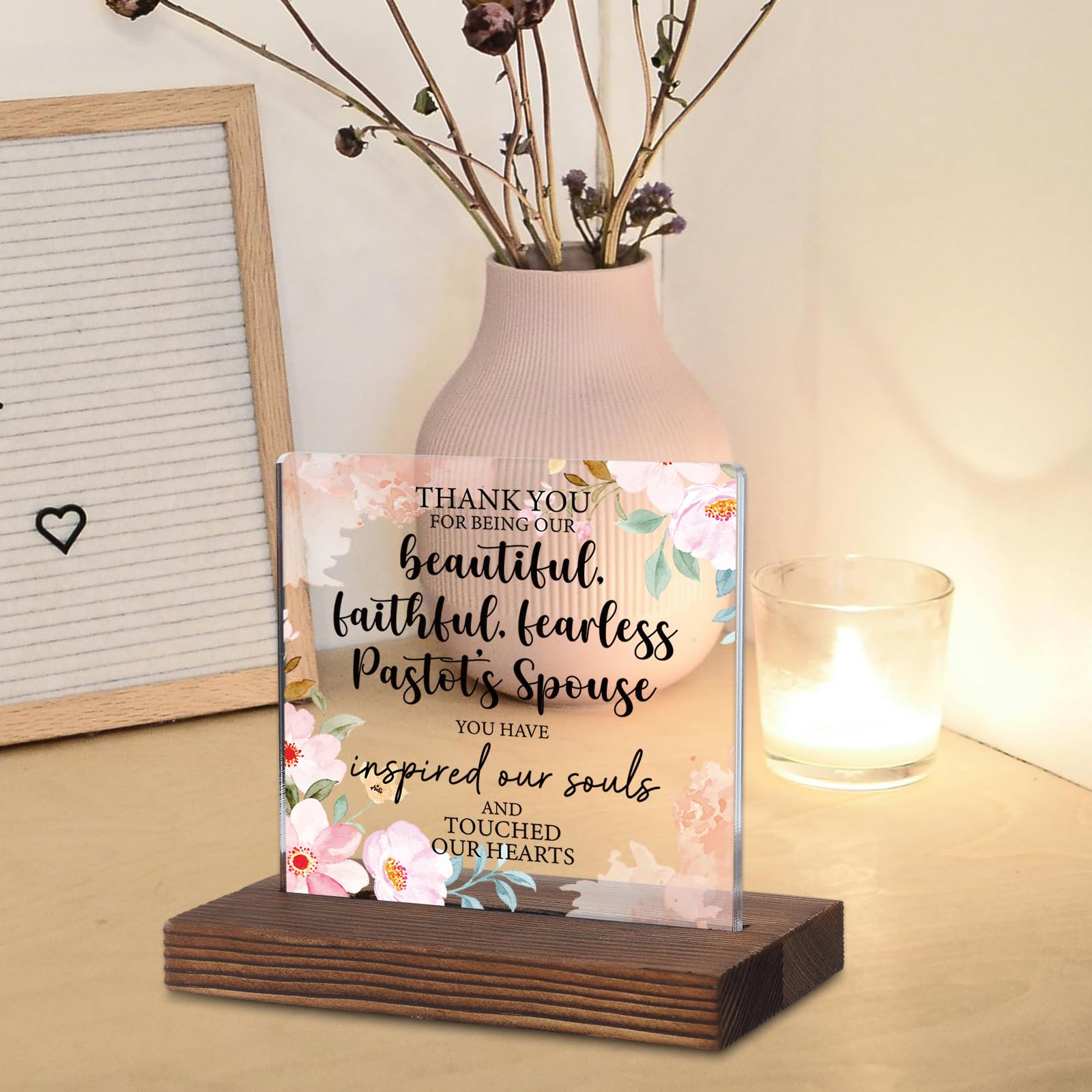 Pastors Spouse Appreciation Gift, Acrylic Desk Plaque with Floral Design and Heartfelt Message, Rustic Wood Base Thank You Sign