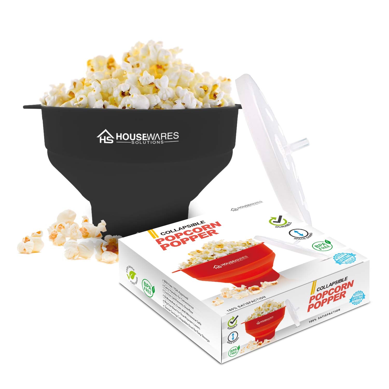 Collapsible Silicone Microwave Hot Air Popcorn Popper Bowl With Lid And Handles (Black)