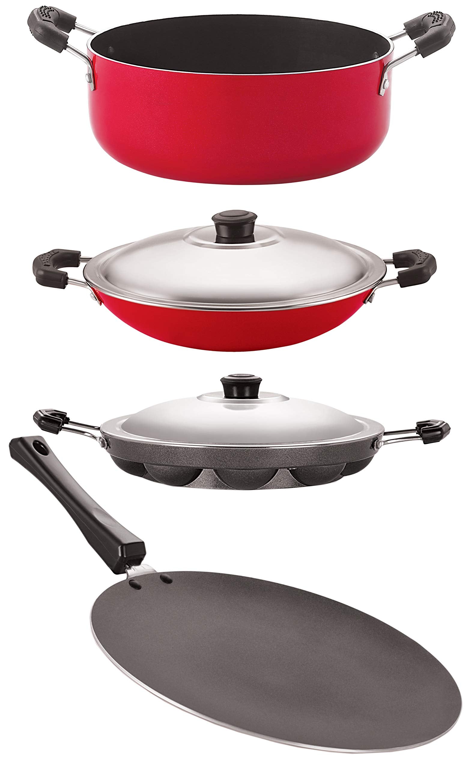 Nirlon NonStick Kitchen Cookware 4 Pieces Set, Pots And Pans (Concave Tawa 28.5Cm + Appa Chatti Steel Lid 1 Ltr + Appam Steel L