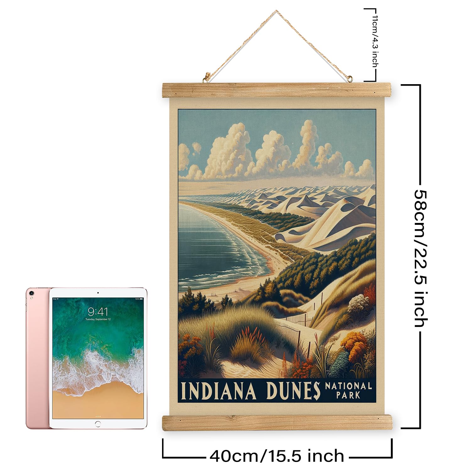 Xiaoaika Vintage Indiana Dunes National Park Travel Poster With Wooden Scroll Frame - Living Room, Bedroom, Home, Office Retro A