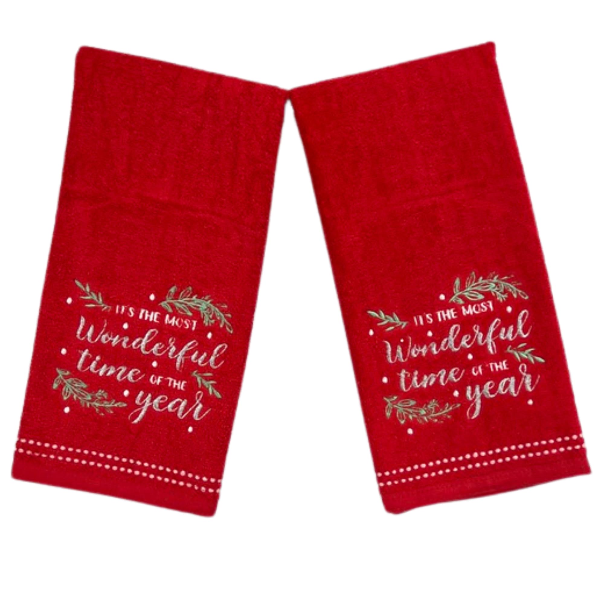 Christmas Bath Hand Towels, 16 X 25 Inches, 100% Cotton, Set Of 2, Red With Embroidered 'It'S The Most Wonderful Time Of The Yea
