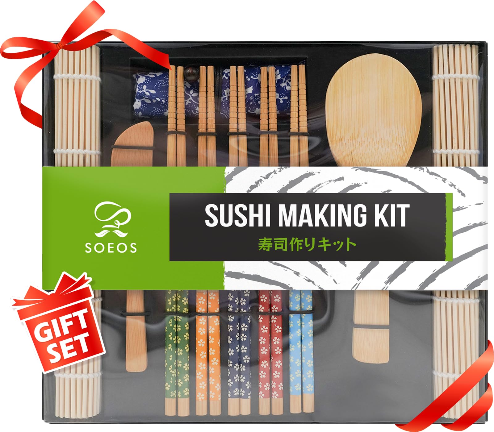 Soeos Beginner Sushi Making Kit, Sushi Making Kit for Beginners with 2 Sushi Rolling Mats, 5 Pairs Chopsticks, 1 Paddle, 1 Sprea