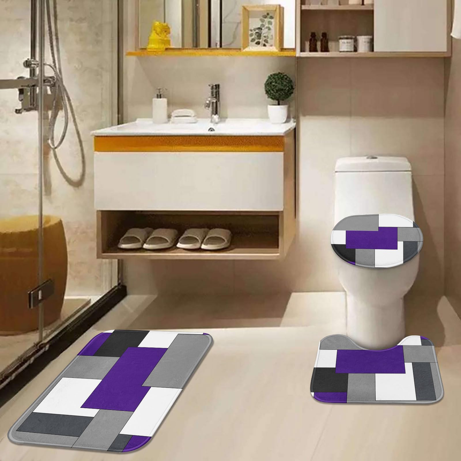 Tayney Purple Geometric Shower Curtain Set With Toilet Lid Cover And Non-Slip Rugs For Bathroom, Grey Black White Checkered 4 Pc