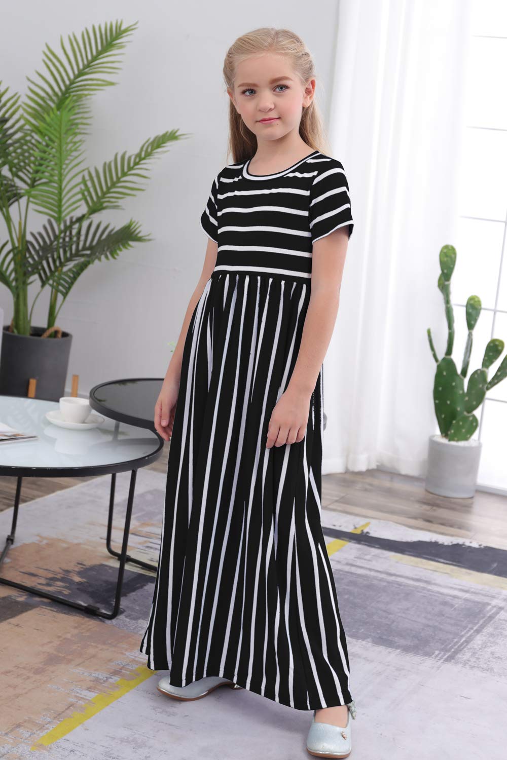 Gorlya Girls Short Sleeve Floral Print Loose Casual Holiday Long Maxi Dress With Pockets 4-12 Years (9-10Yearsheight:140Cm, Blac