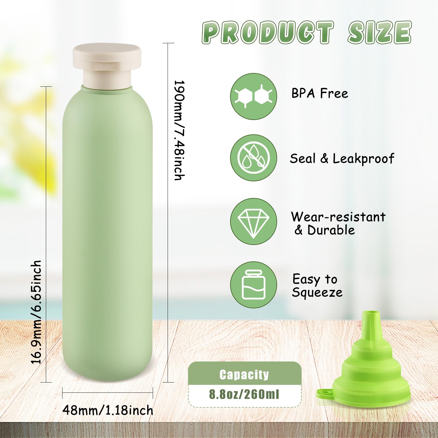 USRommaner 8.8 oz/260ml Plastic Travel Shampoo Bottle,9 Pack Green Empty Refillable Squeeze Bottles with Flip Cap,Lotion Contain