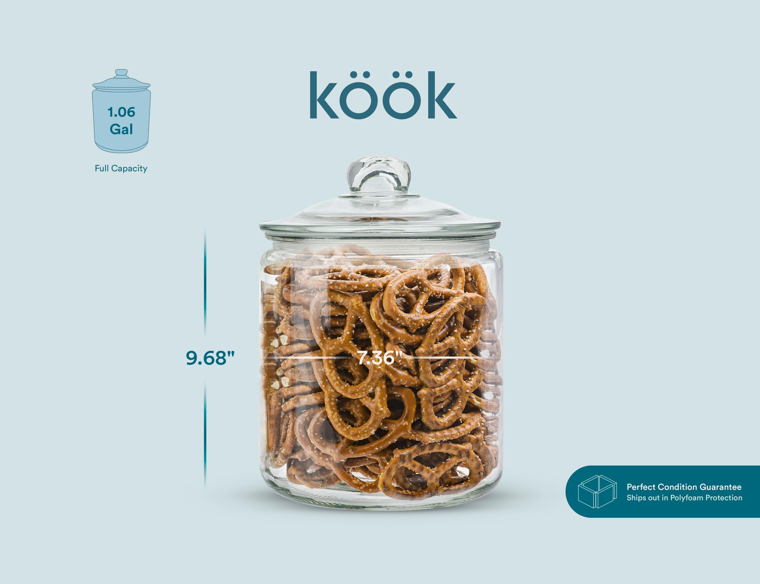 KooK Glass Kitchen Jars - Airtight 1 Gallon Storage Canisters, Set of 2, Clear, Dishwasher Safe, Perfect for Pantry & Bathroom