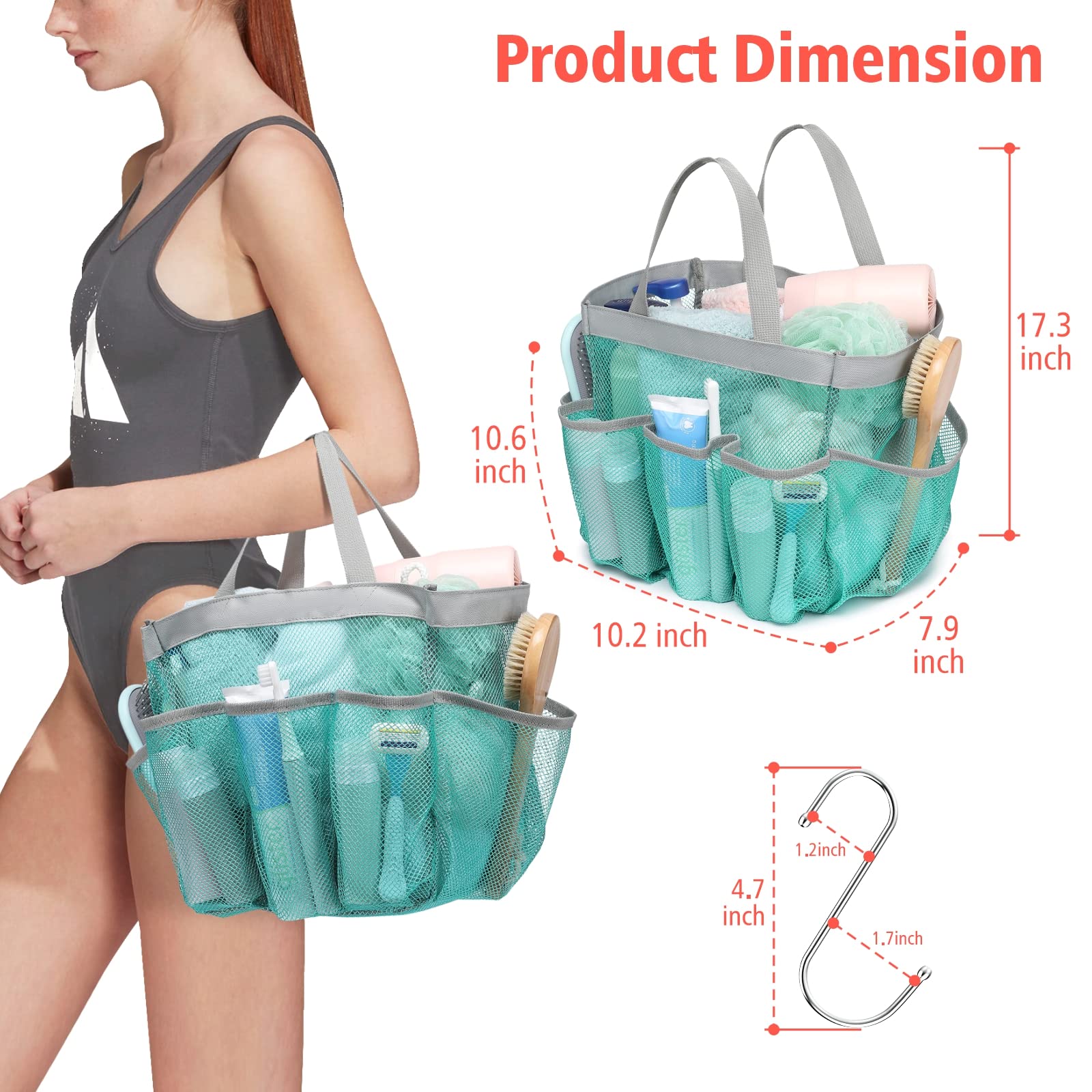 F-Color Mesh Shower Caddy Portable, Upgrade Deeper 7 Pockets Shower Caddy Basket Bag For College Dorm Room Toiletry Bathroom Ess