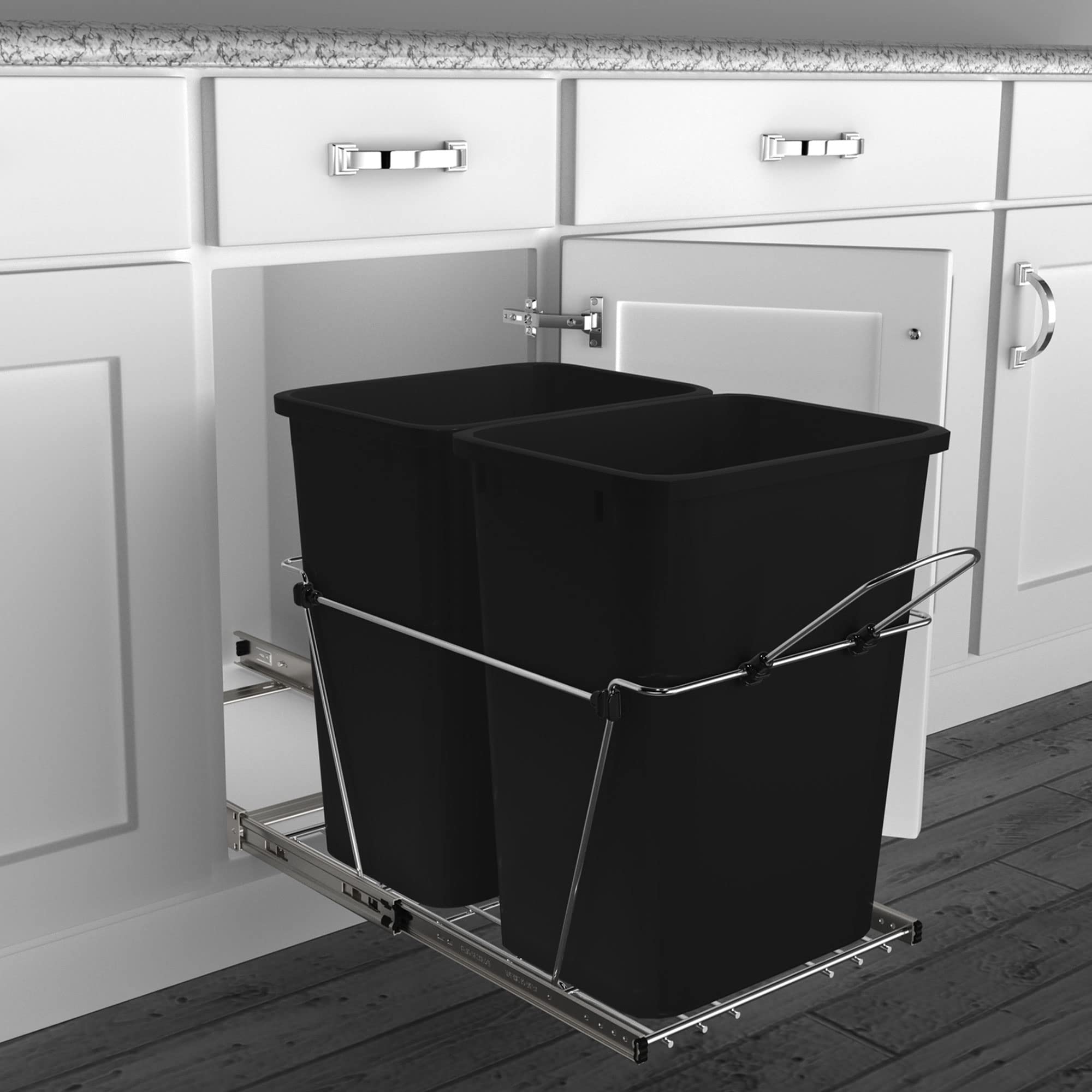 Rev-A-Shelf Double Pull Out Trash Can For Under Kitchen Cabinets 35 Qt 12 Gal Garbage Recyling Bin On Full Extension Slides, Bla