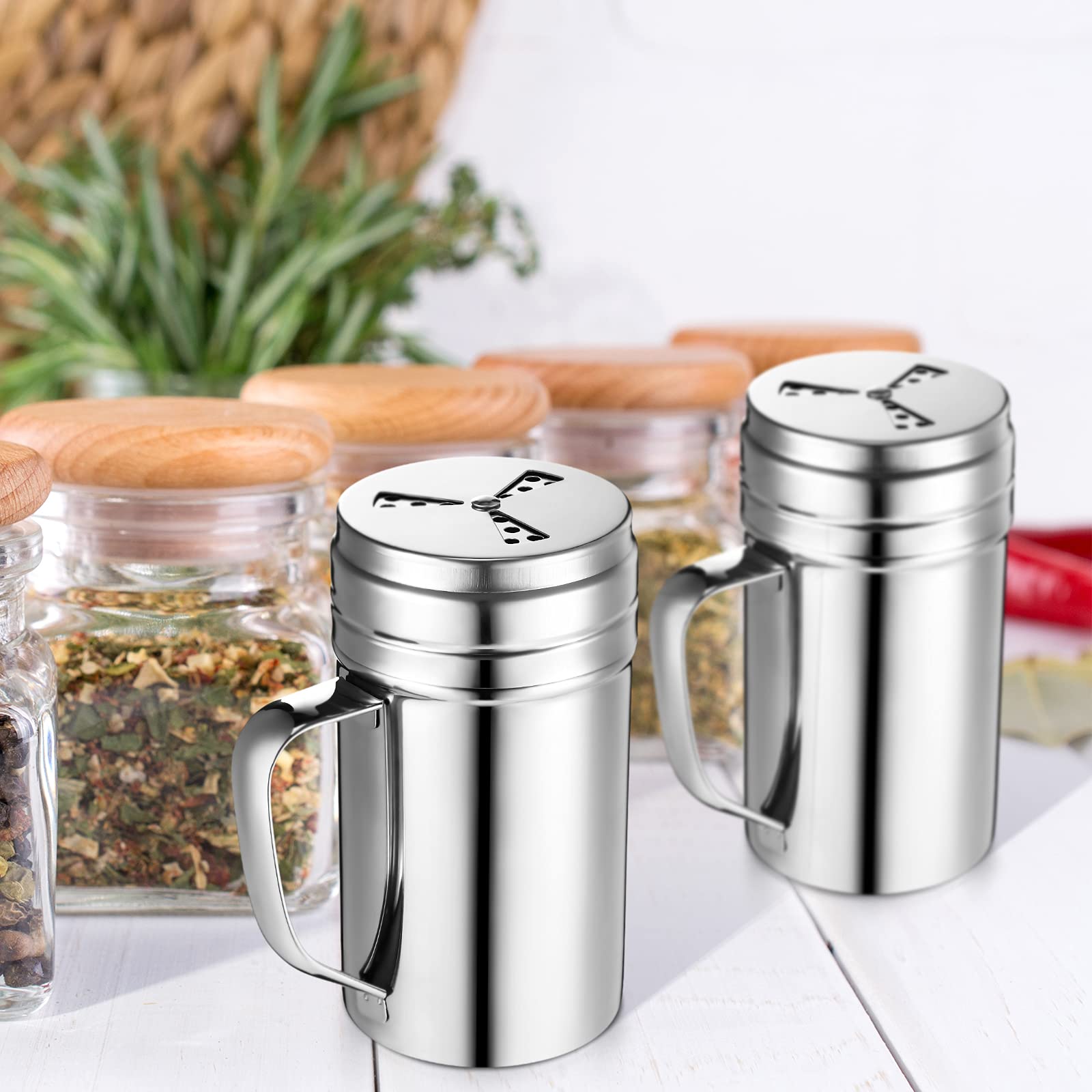 3 Pieces Seasoning Bottle With Handle Stainless Steel Spice Shaker Metal Versatile Dredge Shaker With Rotating Cover For Cooking