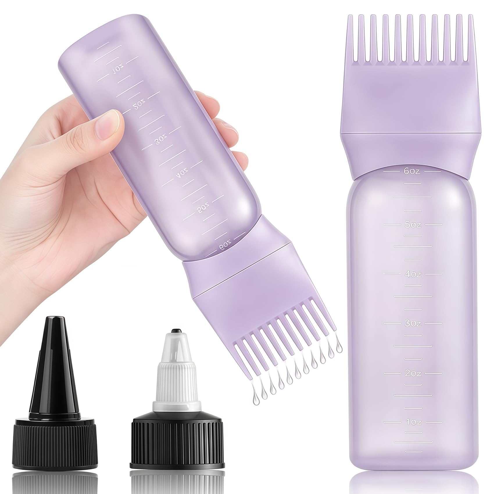 ikosy 2Pcs Root Comb Applicator Bottle,6 Oz, 2 Type Caps, Graduated Scale