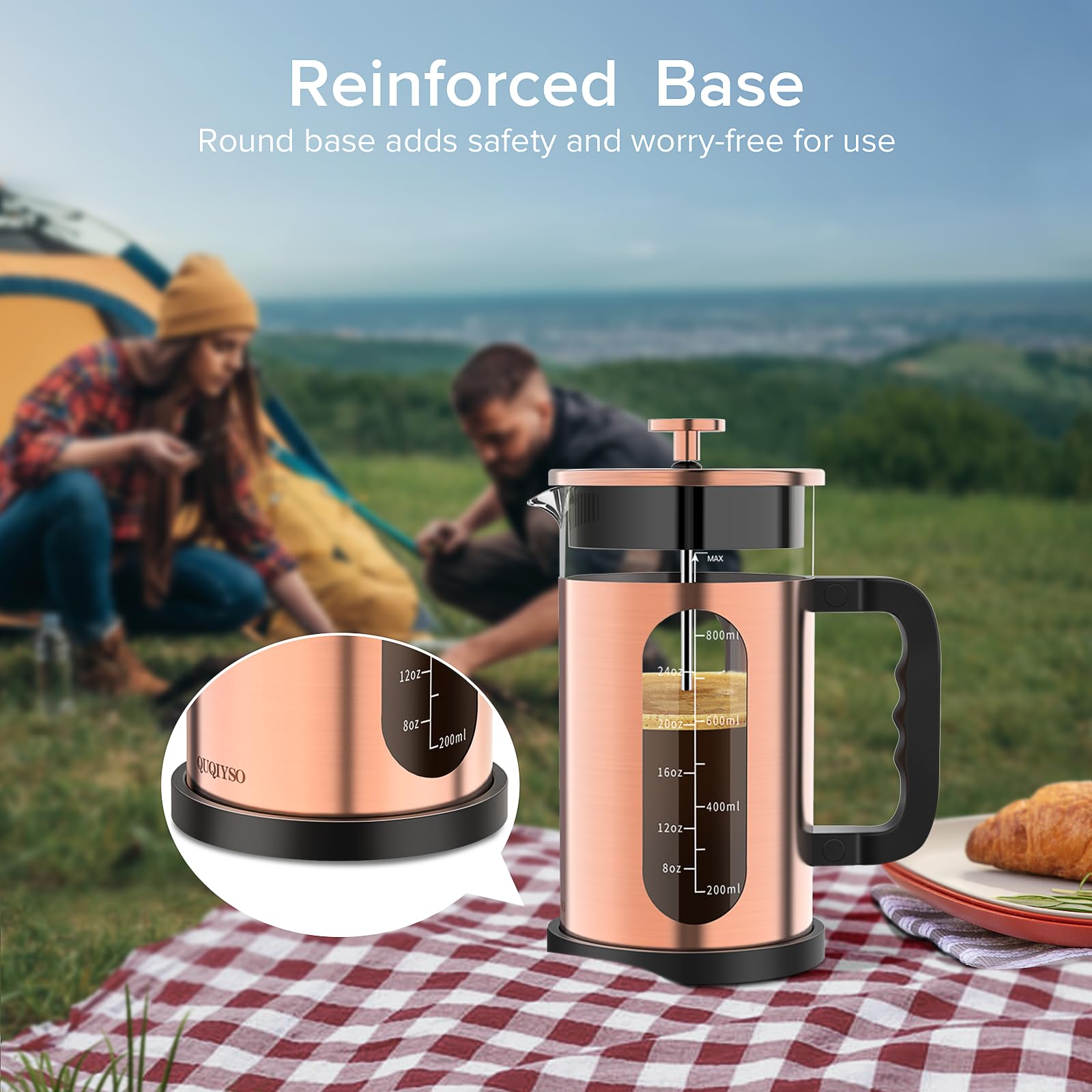 QUQIYSO French Press Coffee Maker, 34oz, Stainless Steel Copper, Borosilicate Glass, 4 Filters, BPA Free, Easy to Clean, Model HT01