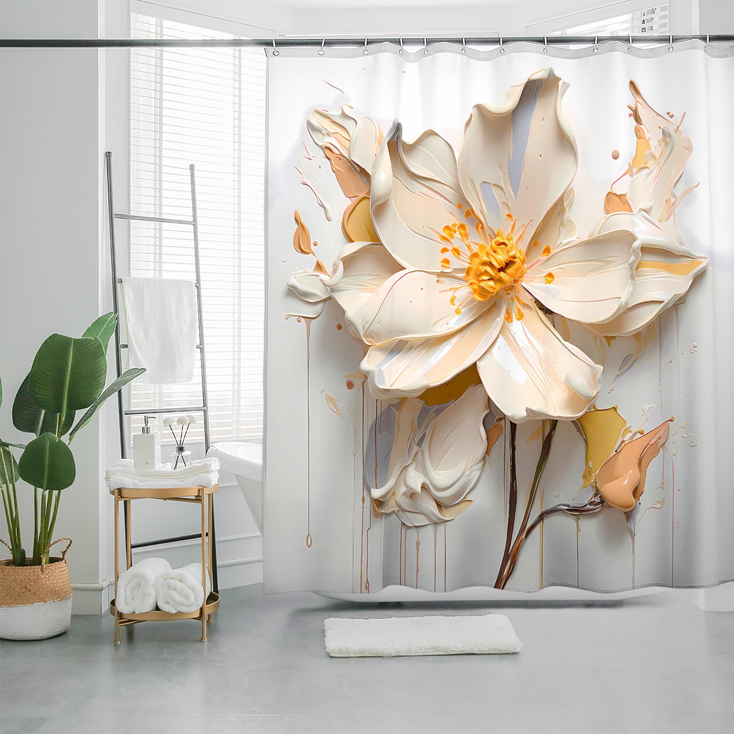 Elegant Beige White Floral Shower Curtain For Modern Bathrooms, Large Flower Artistic Style Waterproof Fabric Bathroom Decor, Wa