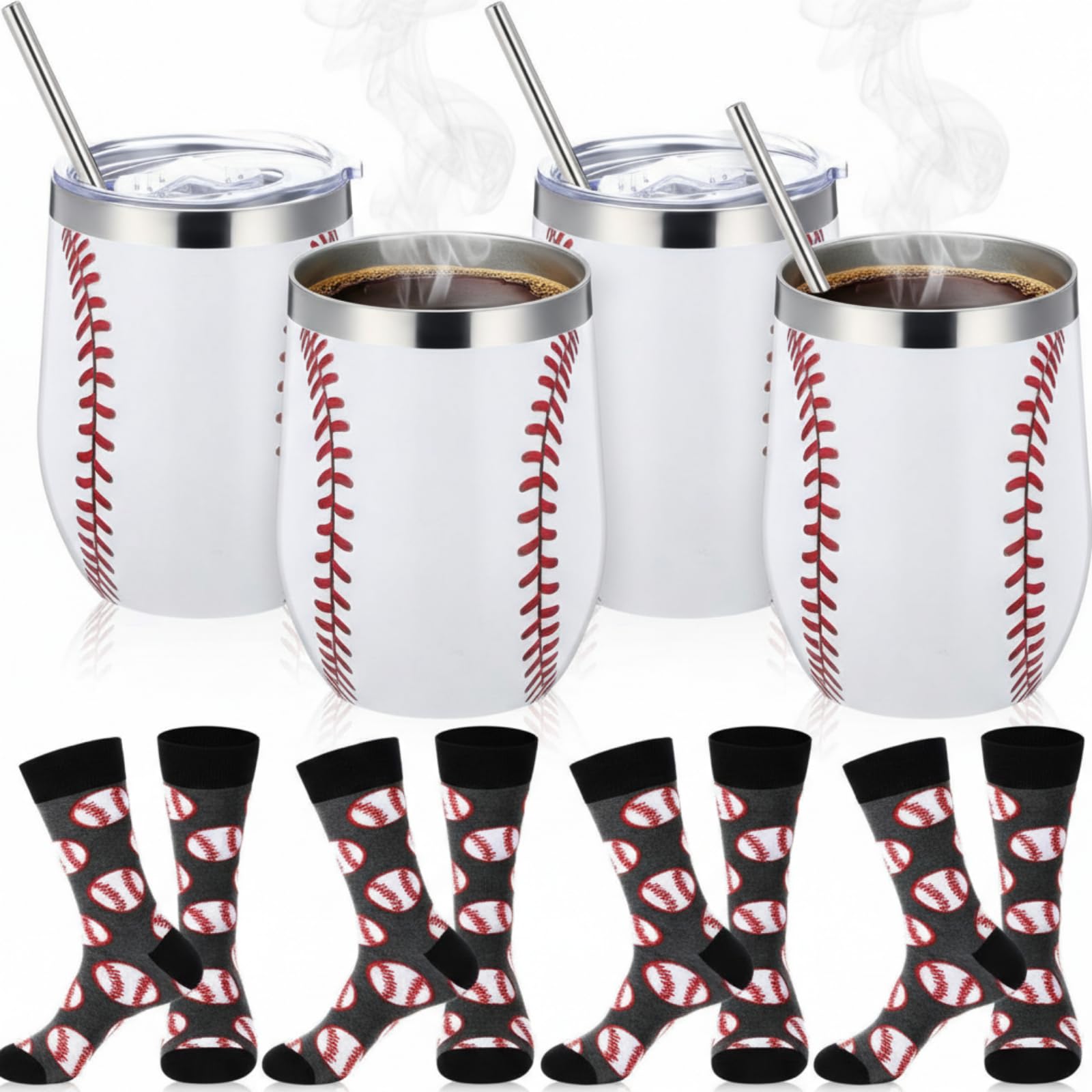 Layhit 8 Pcs Baseball Gift 12 oz Stainless Steel Baseball Cup and Socks