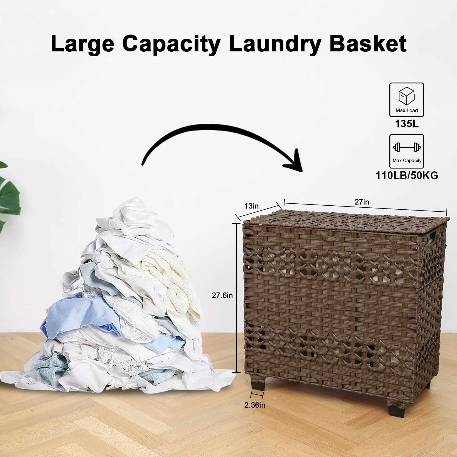 Oiahomy Laundry Hamper With Lid, 140L Clothes Hamper With 3 Removable Liner Bags, Foldable Hamper With Lid, Synthetic Wicker Lau