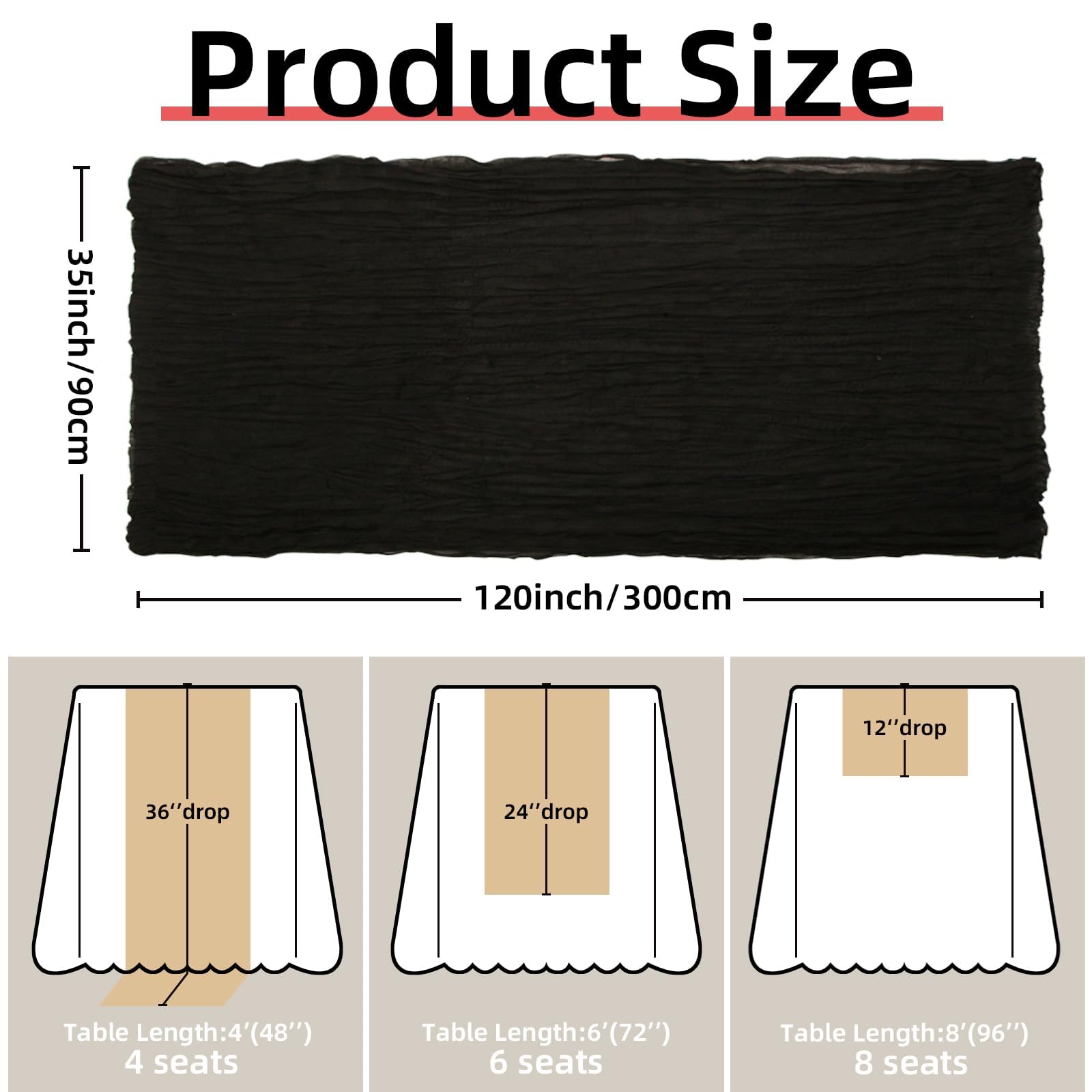 Fexia Black Cheesecloth Table Runner 35X120 Inches Gauze Rustic Farmhouse Decor For Halloween Thanksgiving First Communion Cente