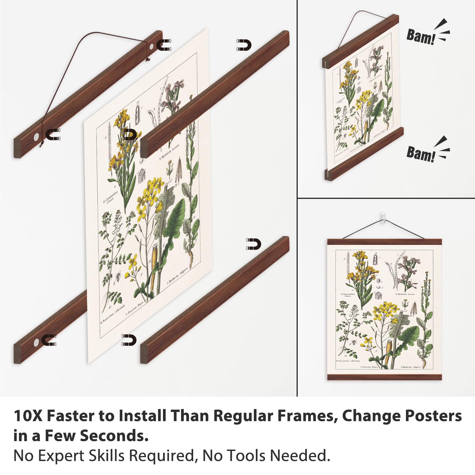 Magnetic Poster Hanger Frame 9 Inch Wide, Walnut, Strong Magnet, Premium Wood And Quick Assembly, Wall Hanging Wooden Frame For