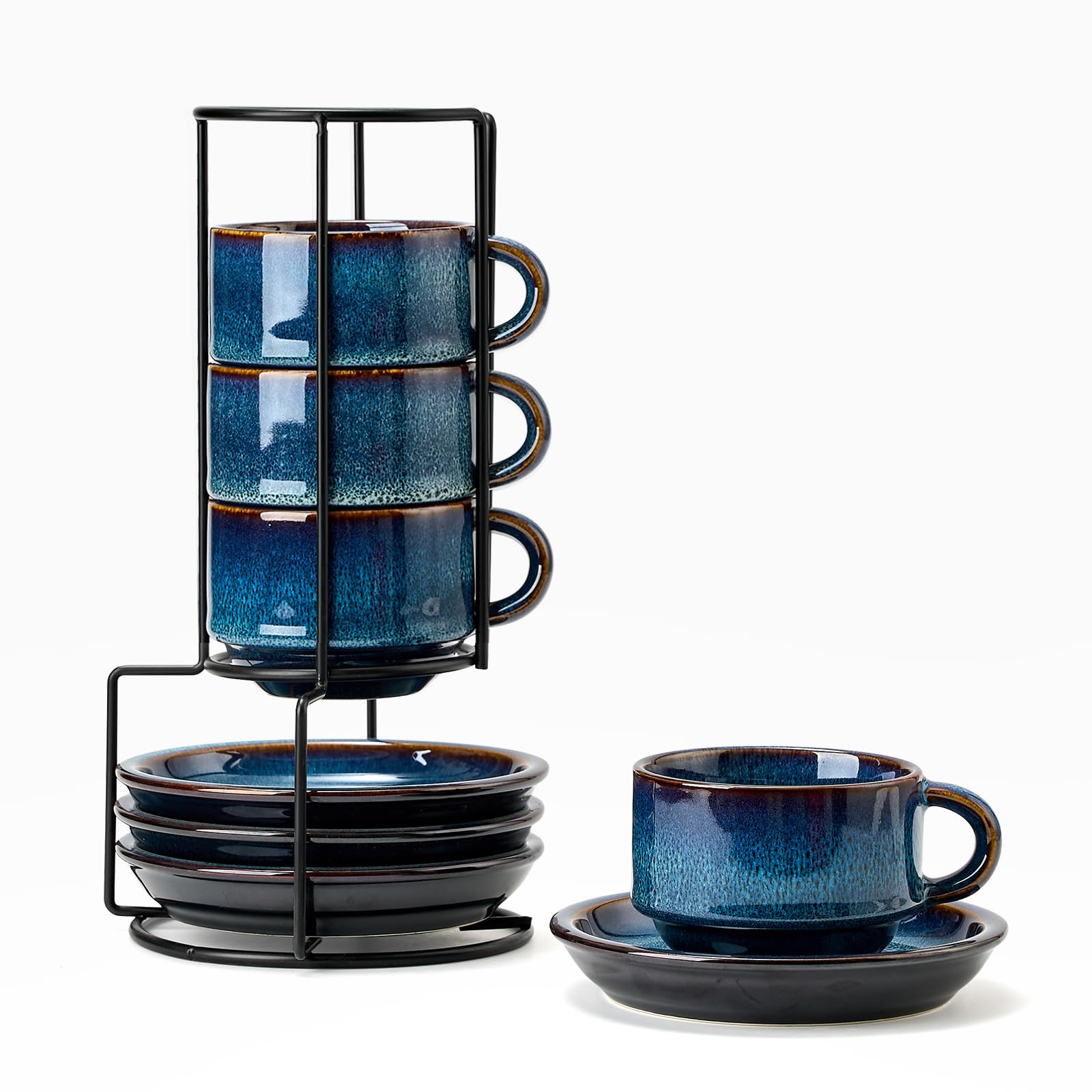 JIEMEI HOME Porcelain Stackable Cappuccino Cups with Saucers and Metal Stand, 7 Ounce Espresso Cups for Latte Coffee Cafe, Speci