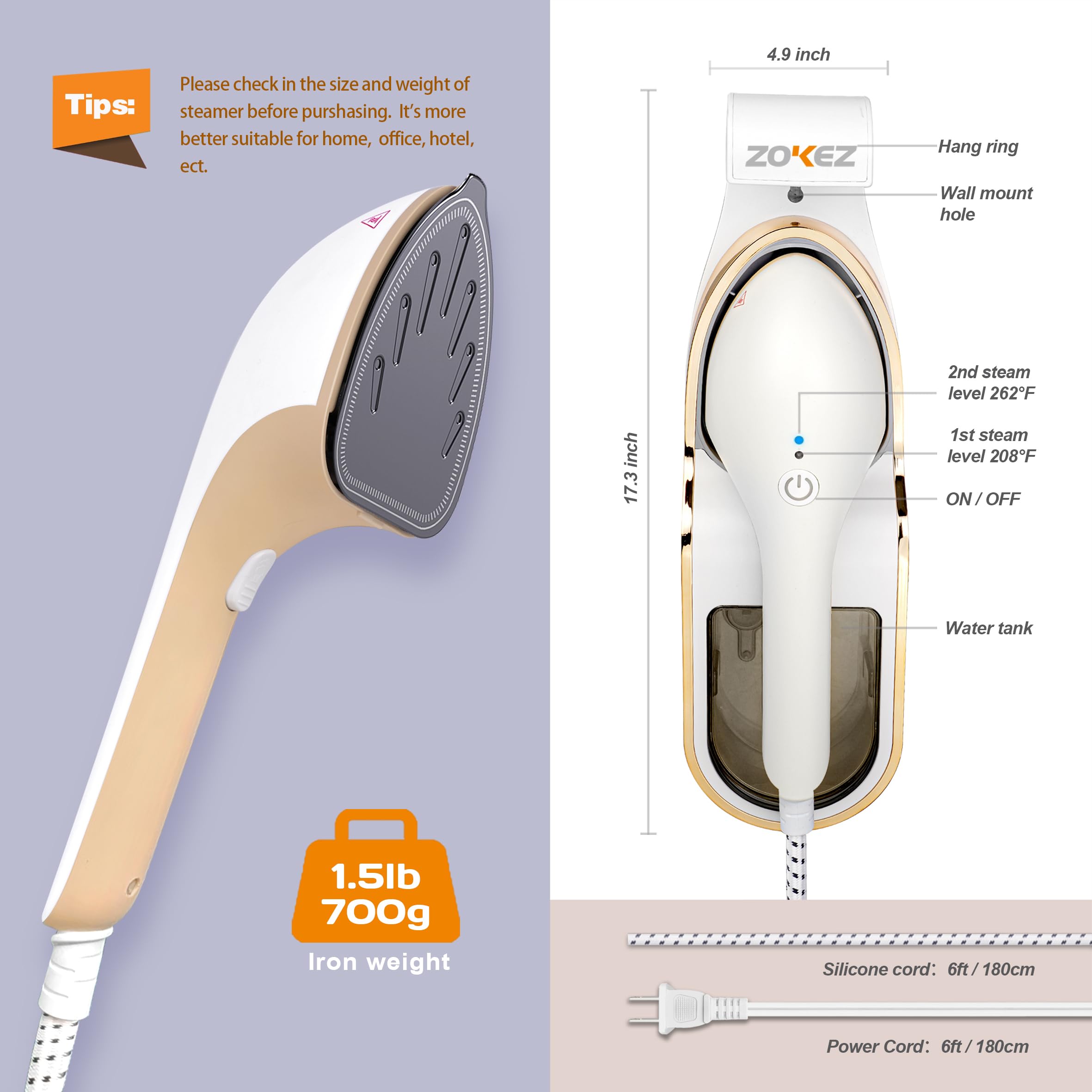 ZOKEZ Handheld Steamer for Clothes, 1500W, 330ml Tank, 2-in-1 Use, White, Model ZOKEZ-5510