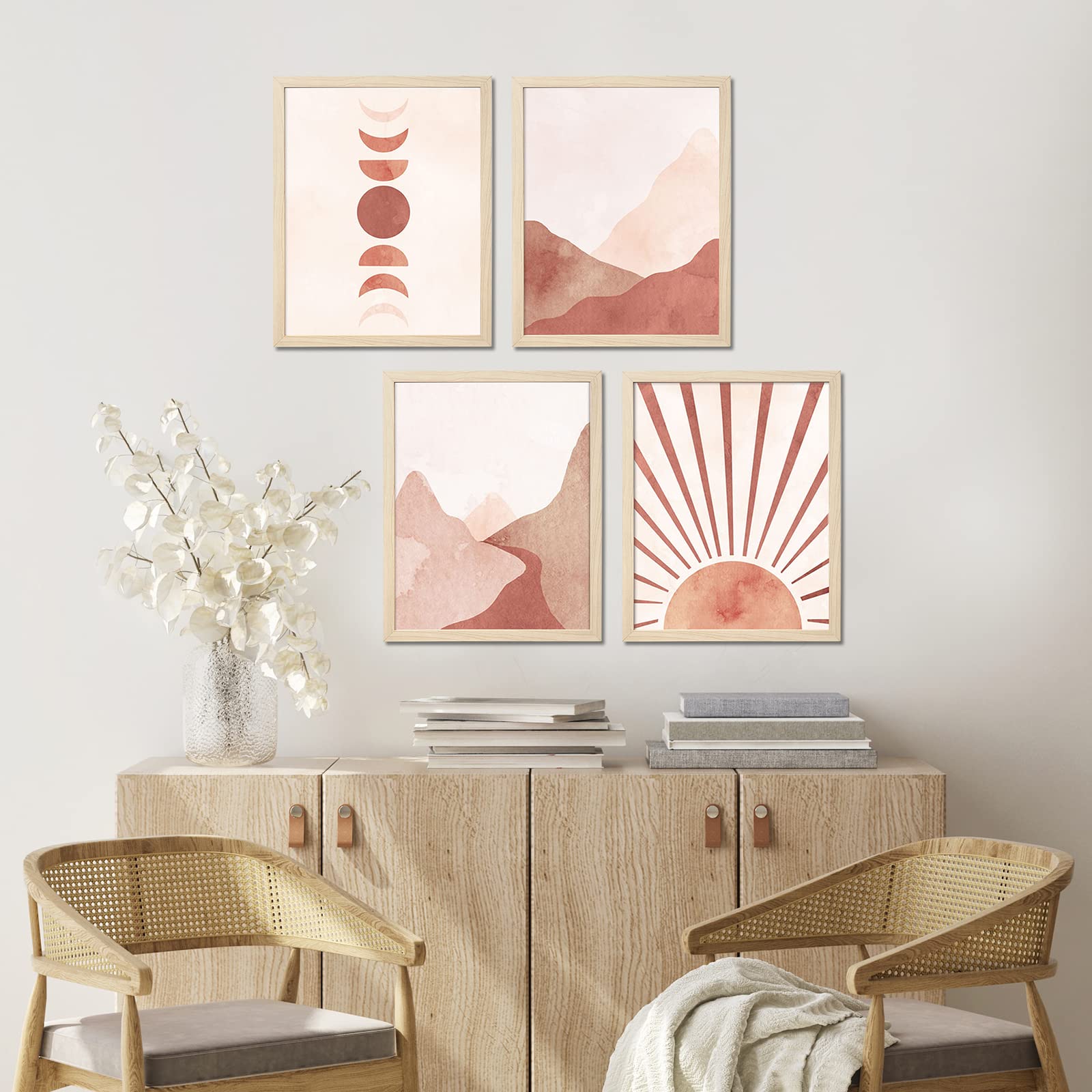 Artbyhannah 4-Pack 11X14 Framed Boho Wall Art In Decorative Warm Tone With Mid Century Prints Of Sun Moon Mountain And Mdf Wood