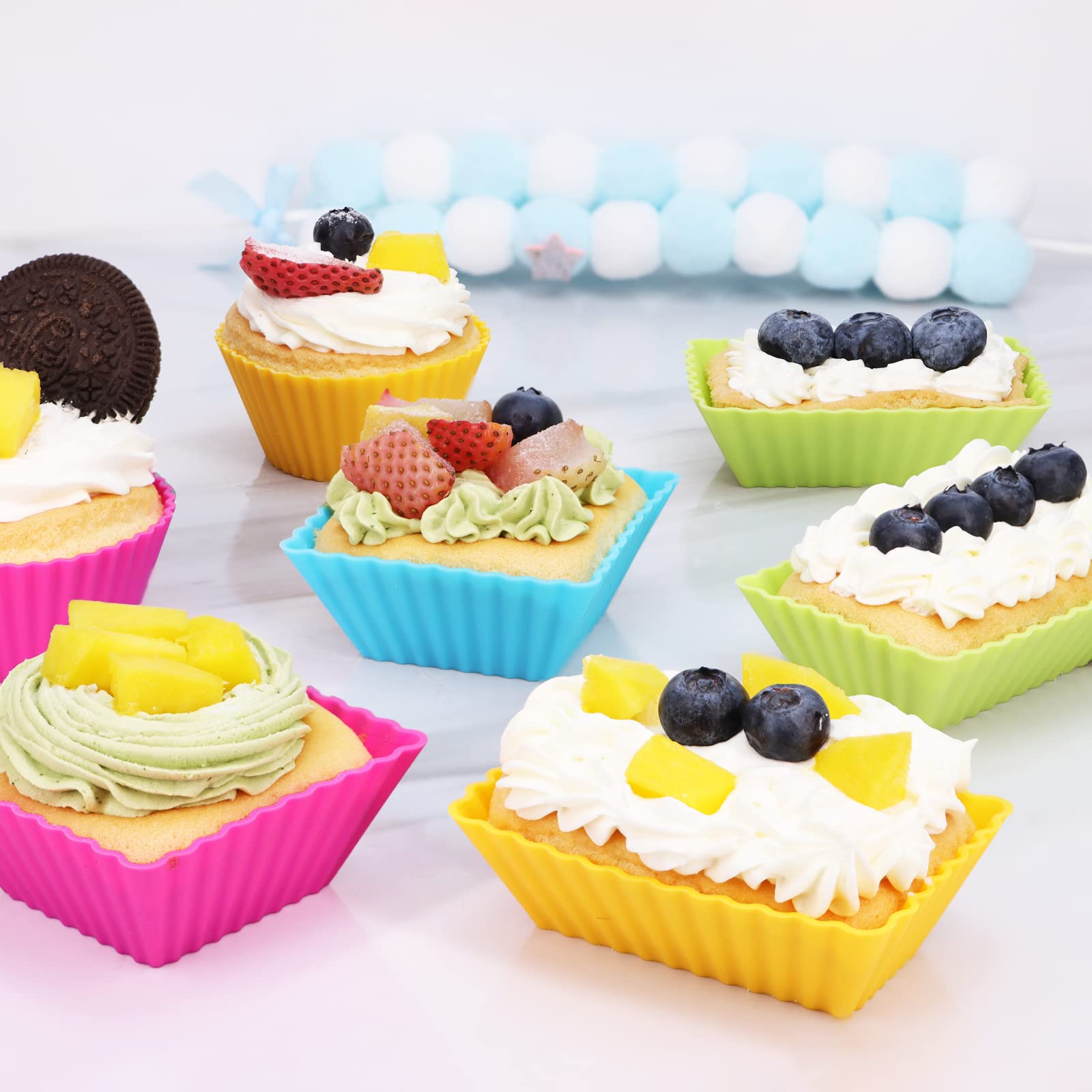 Sawnzc Silicone Cupcake Liners, 24Pack Reusable Baking Cups Muffin Liners Pastry Cake Molds, 3 Shapes Lunch Box Bento Dividers-R