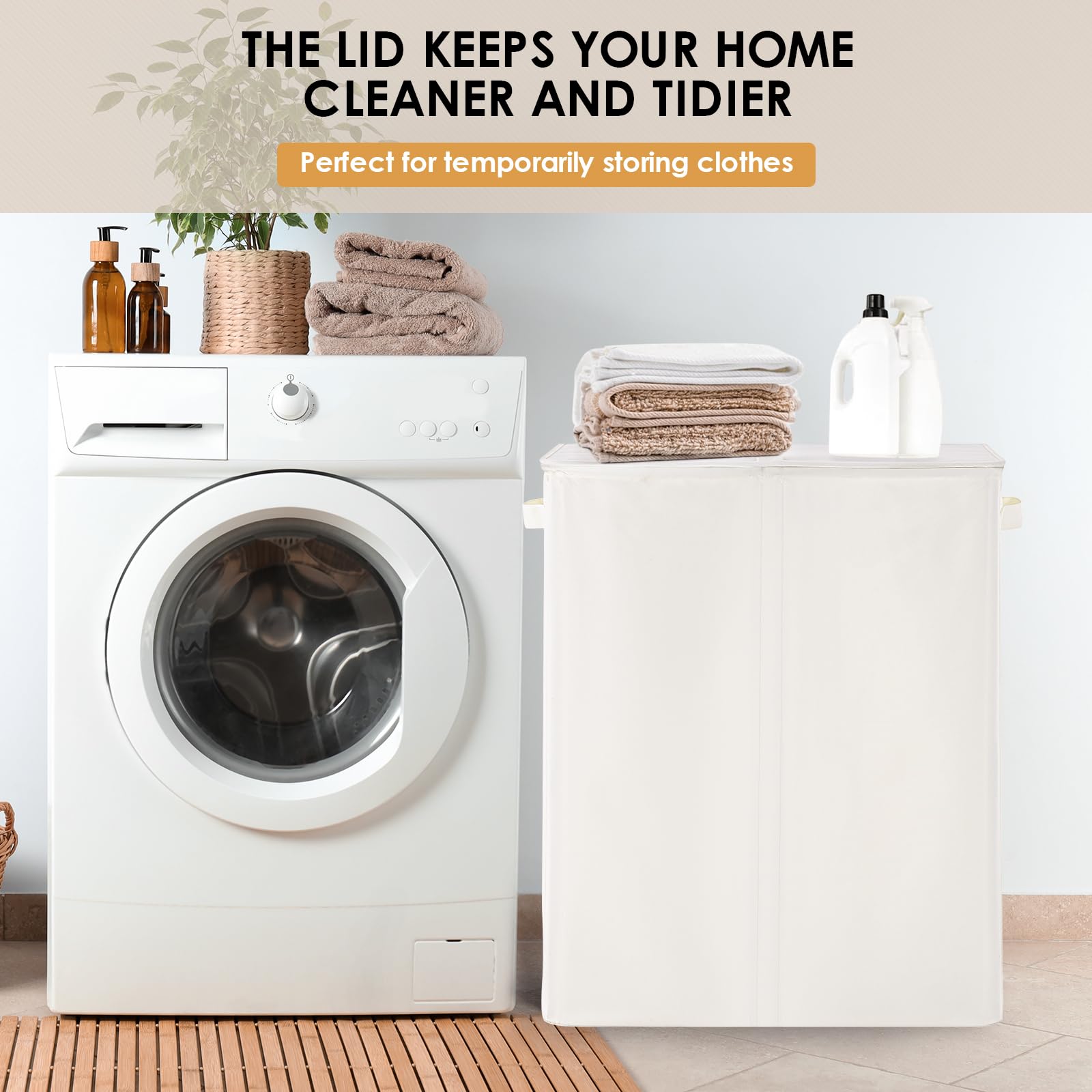 Double Laundry Hamper With Lid, 135L Clothes Hampers For Laundry With Removable Bags & Labels, Laundry Hamper 2 Section For Sepa