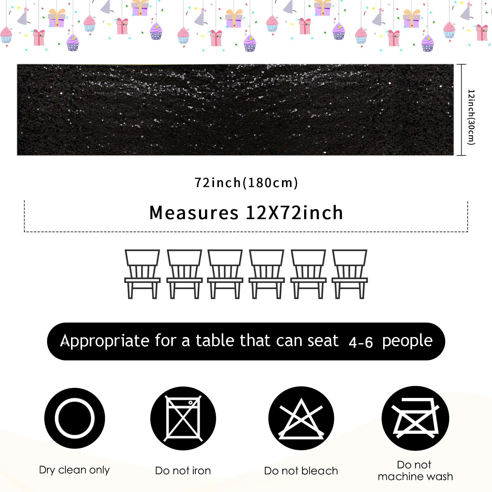 B-Cool Sequin Black Table Runner 12 Pack 12X72Inch Glitter Decoration Sparkly Fabric For Halloween Graduation Holiday Birthday O
