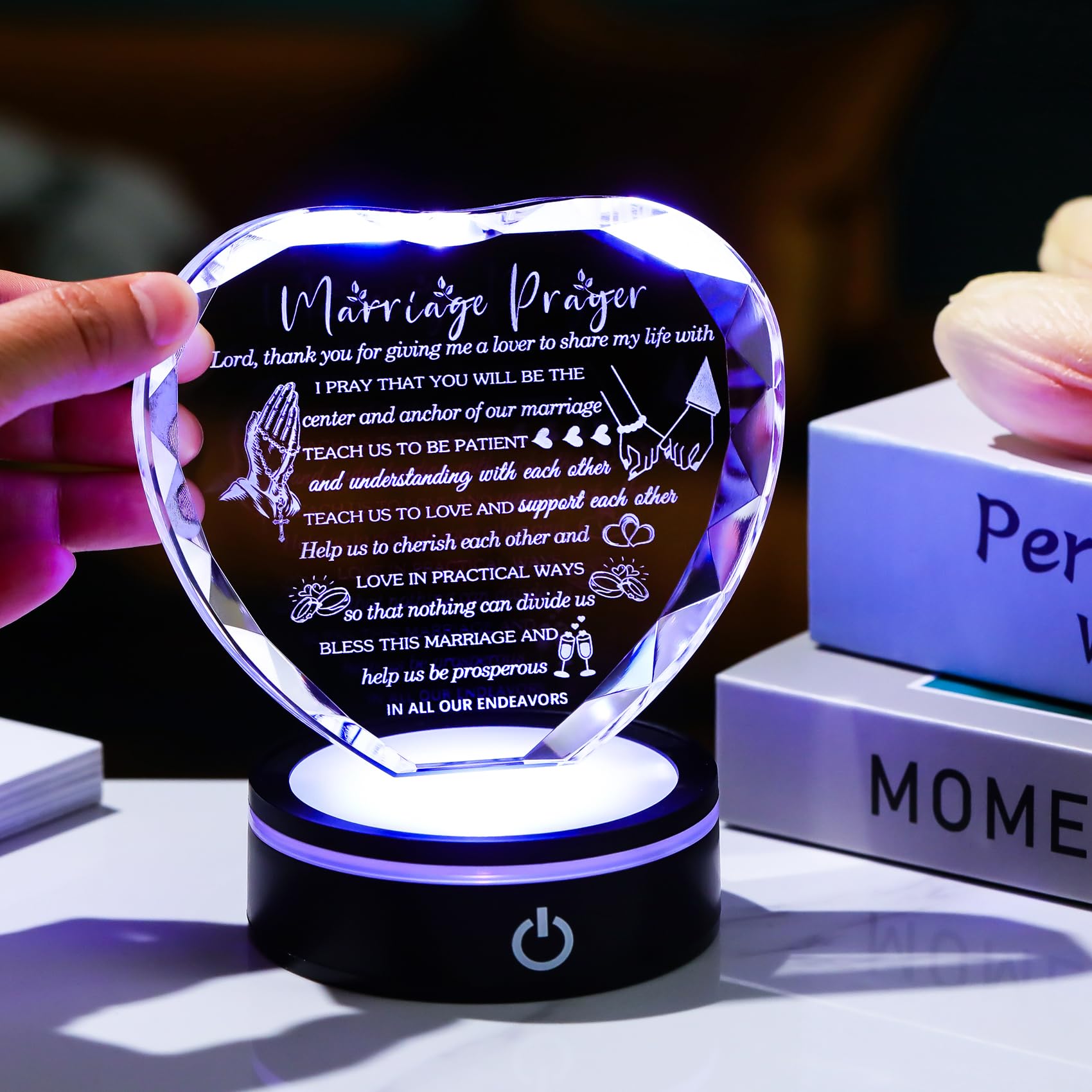 YWHL Wedding Gifts for Couples Crystal Heart Anniversary Marriage Prayer Plaque with Colorful LED Base Wedding Gift with Inspiri