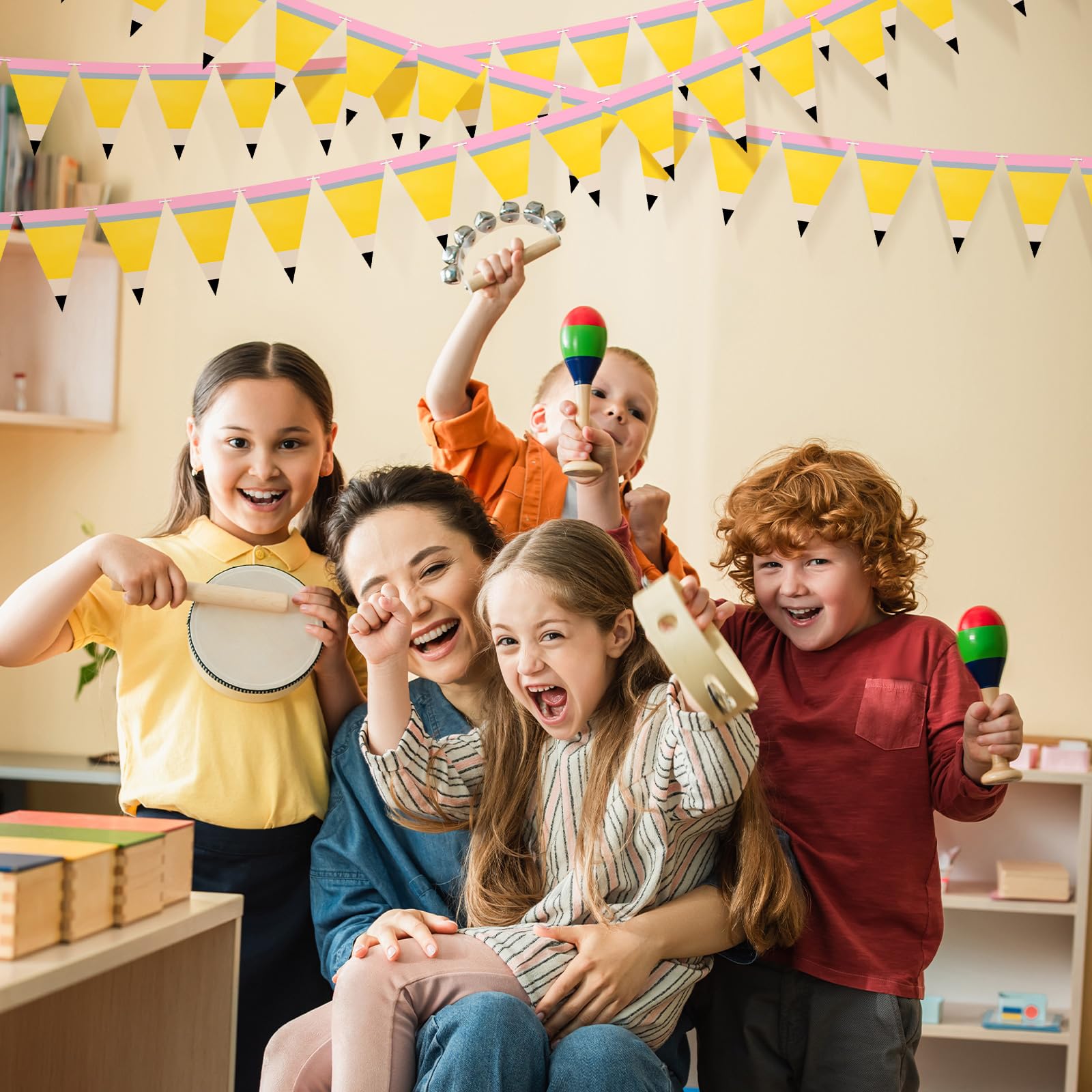 Weekgrat 5 Pcs Pencil Shaped Paper Pennant Banners Back to School Classroom Decorations Triangle Flags with Double Sided Printin