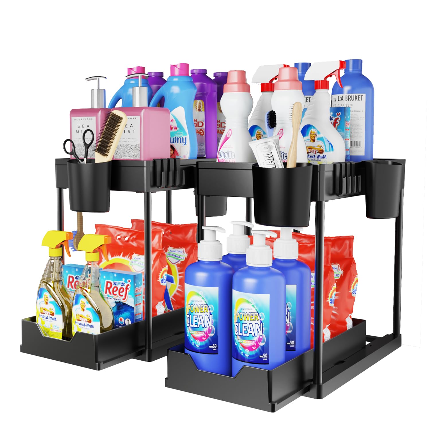 2 Pack Under Sink Organizers And Storage Bathroom, 2 Tier Under Sliding Kicthen Cabinet Basket Organizer With Hooks, Hanging Cup