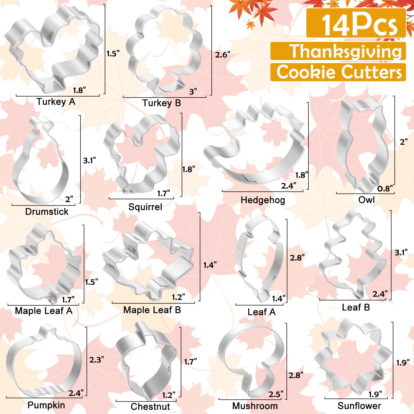 Mapvolut 14Pcs Thanksgiving Cookie Cutters, Food-Grade Stainless Steel Biscuit Cutters With Turkey Pumpkin Acorn Maple-Leaf, Eas