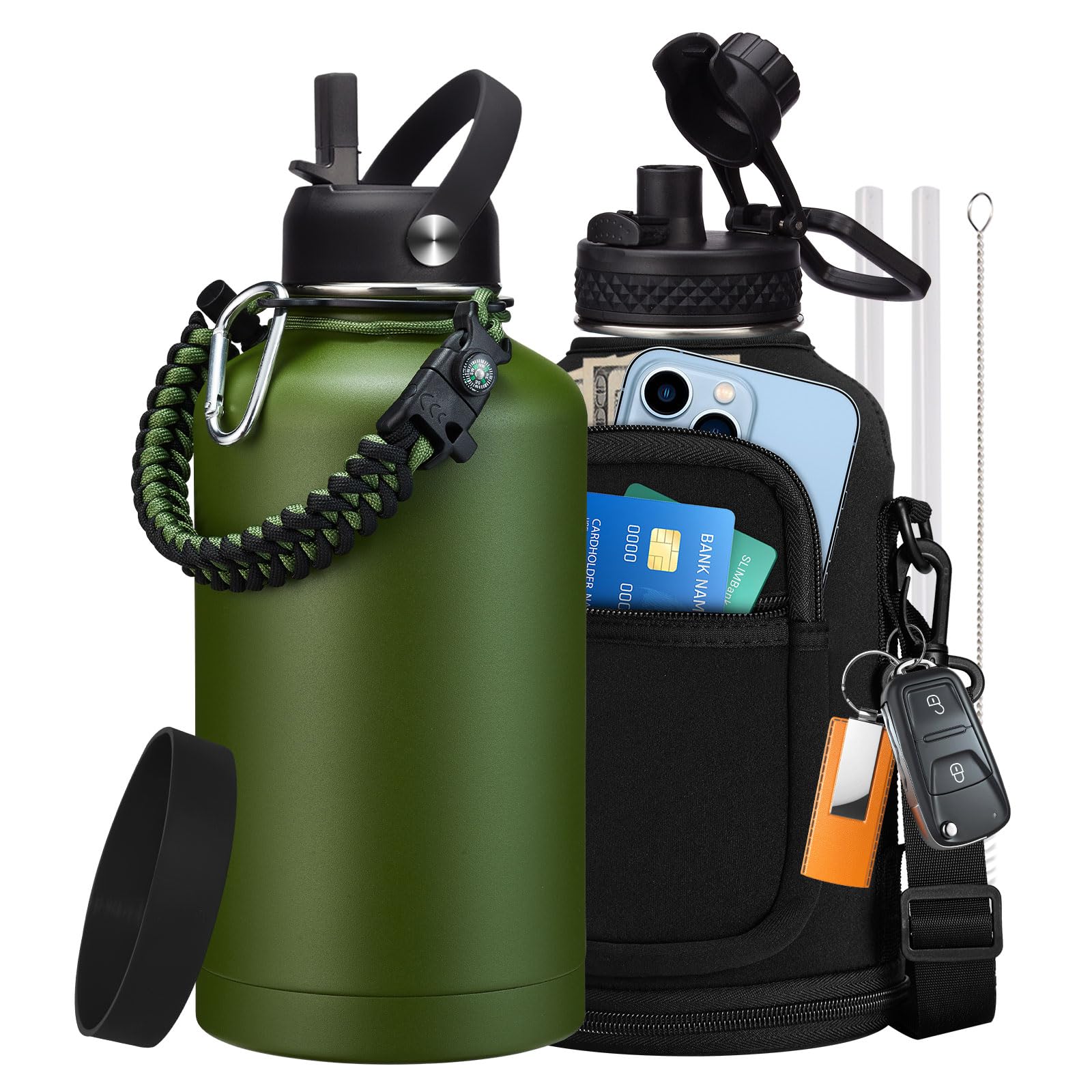 Stainless Steel Water Bottles 64oz - Insulated Half Gallon Water Jug with Straw & Chug Lid, Metal Tactical Canteen for Gym Sport