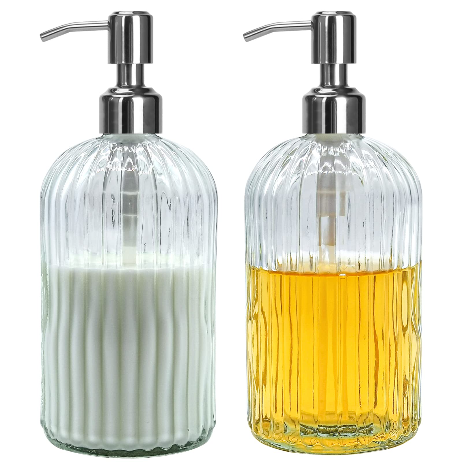 Owandan Clear Glass Soap Dispenser 18 Oz, 2 Pack Hand Dish Soap Dispensers Bathroom With Stainless Steel Pump, Refillable Kitche