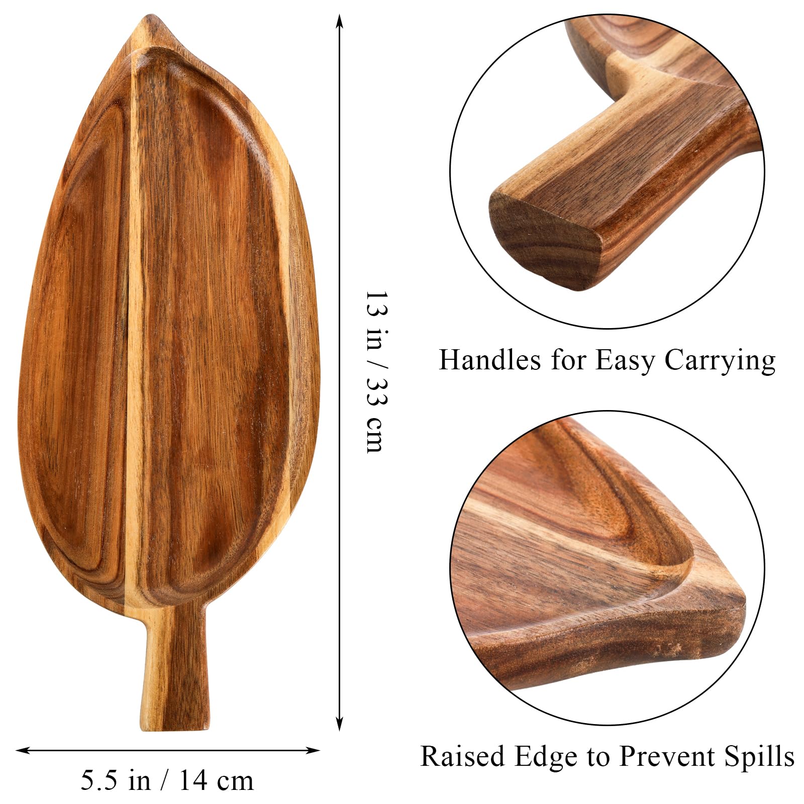 Youeon 2 Pcs Acacia Wood Serving Trays, 13'' X 5.5'' Leaf Shaped Wooden Trays For Decor, Novelty Trays For Food Serving, Small C