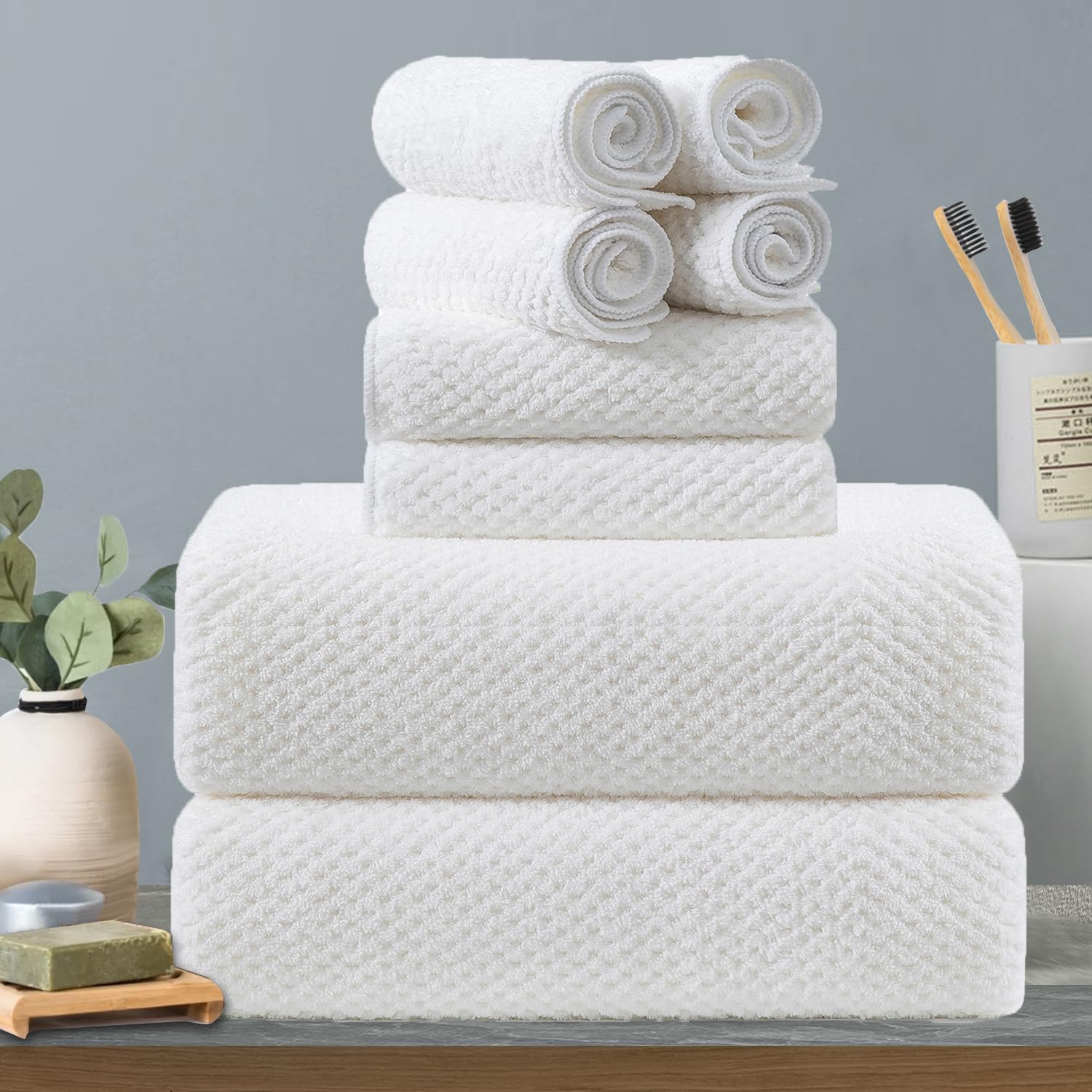 8-Piece White Bath Towels Set,2 Oversized Large Bath Towels Sheet,2 Hand Towels And 4 Washcloths - 600 Gsm Soft Luxury Towel Set